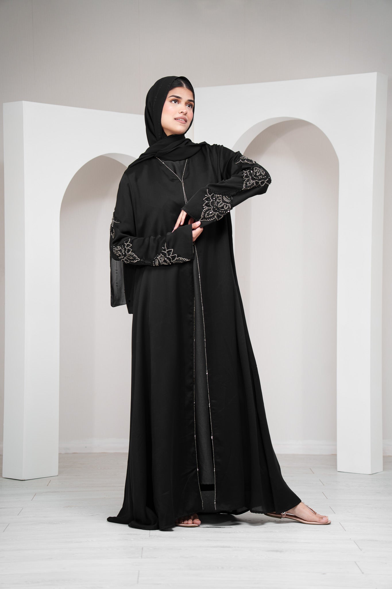 Black Luxury Womens Satin Abaya with Clasp Closure Beaded Embroidered Sleeves