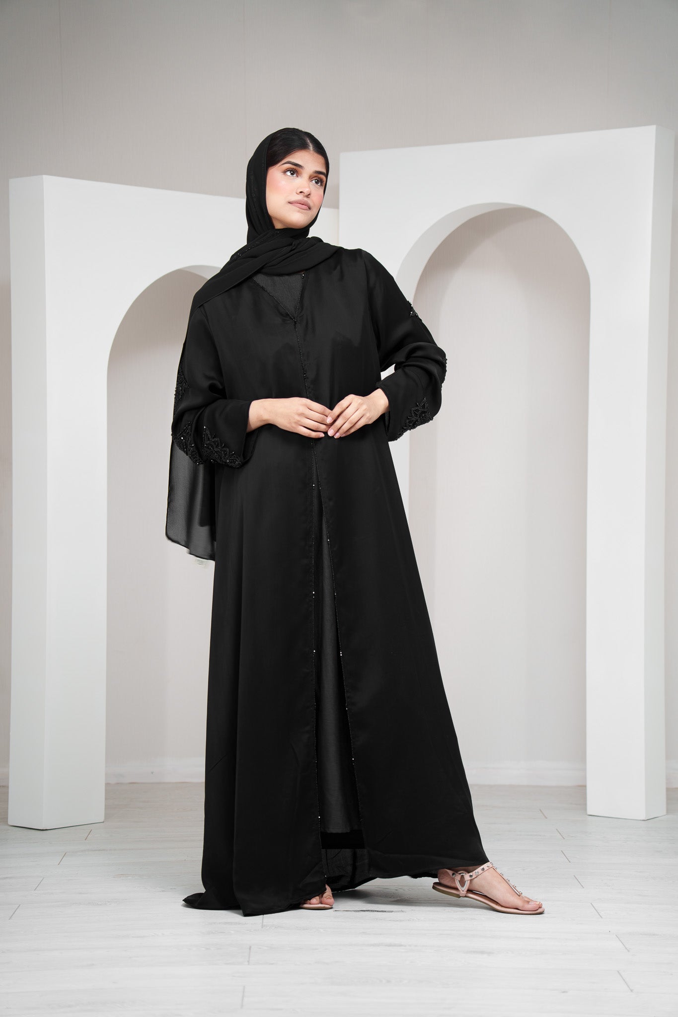 Black Luxury Womens Satin Abaya with Clasp Closure Beaded Embroidered Sleeves