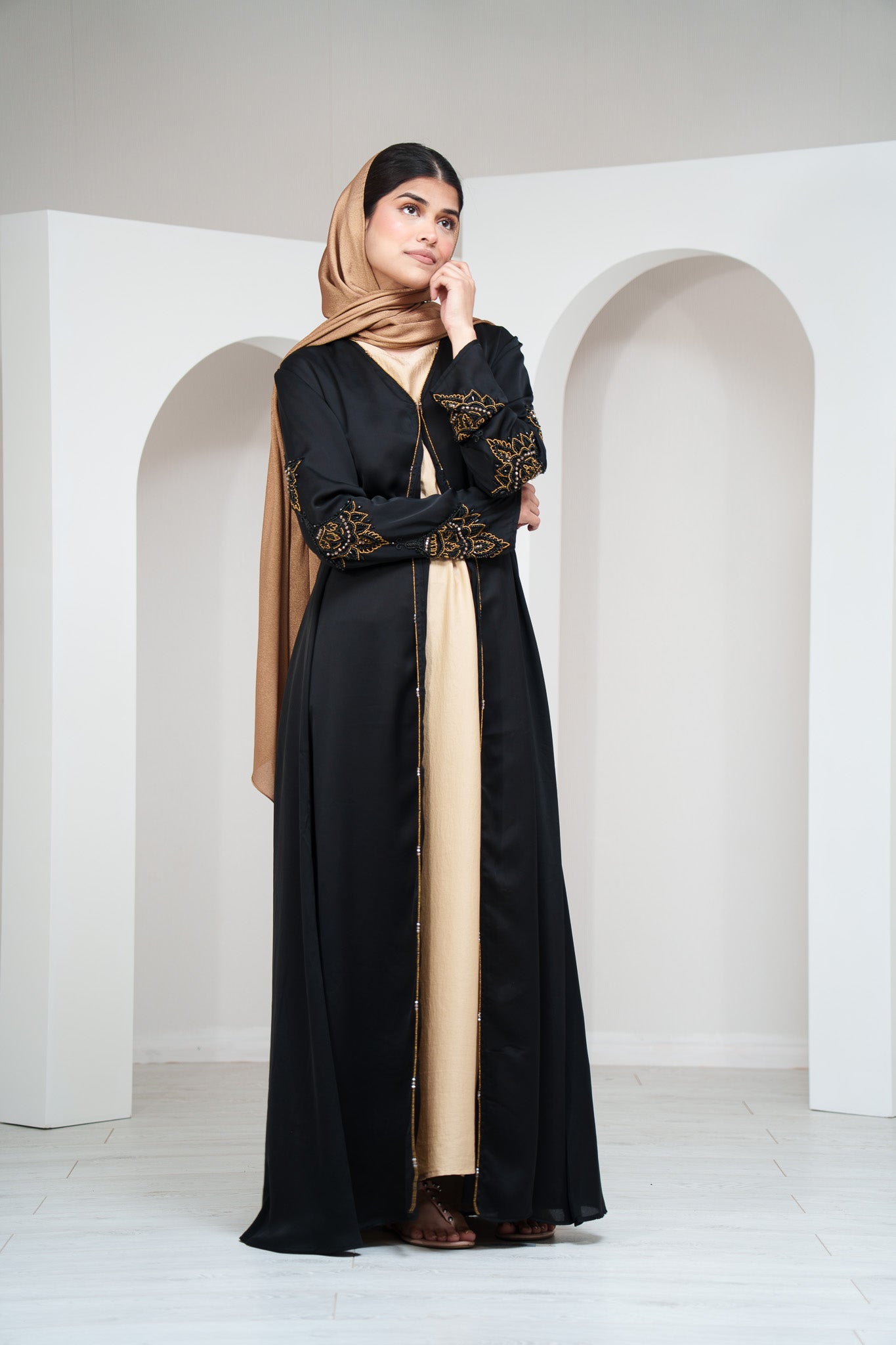 Black Luxury Womens Satin Abaya with Clasp Closure Beaded Embroidered Sleeves