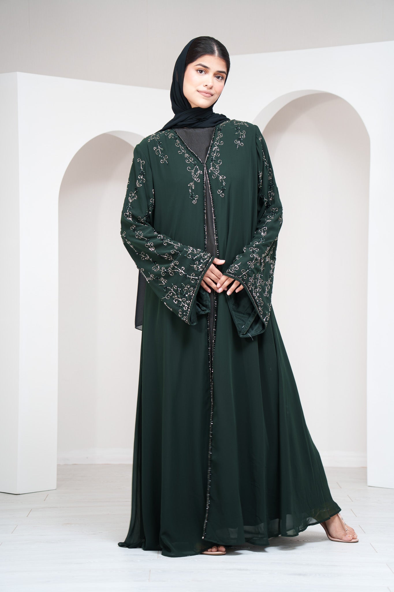 Navy 2 Piece Cape Sleeve Abaya Full Beaded Embroidery with Matching Belt