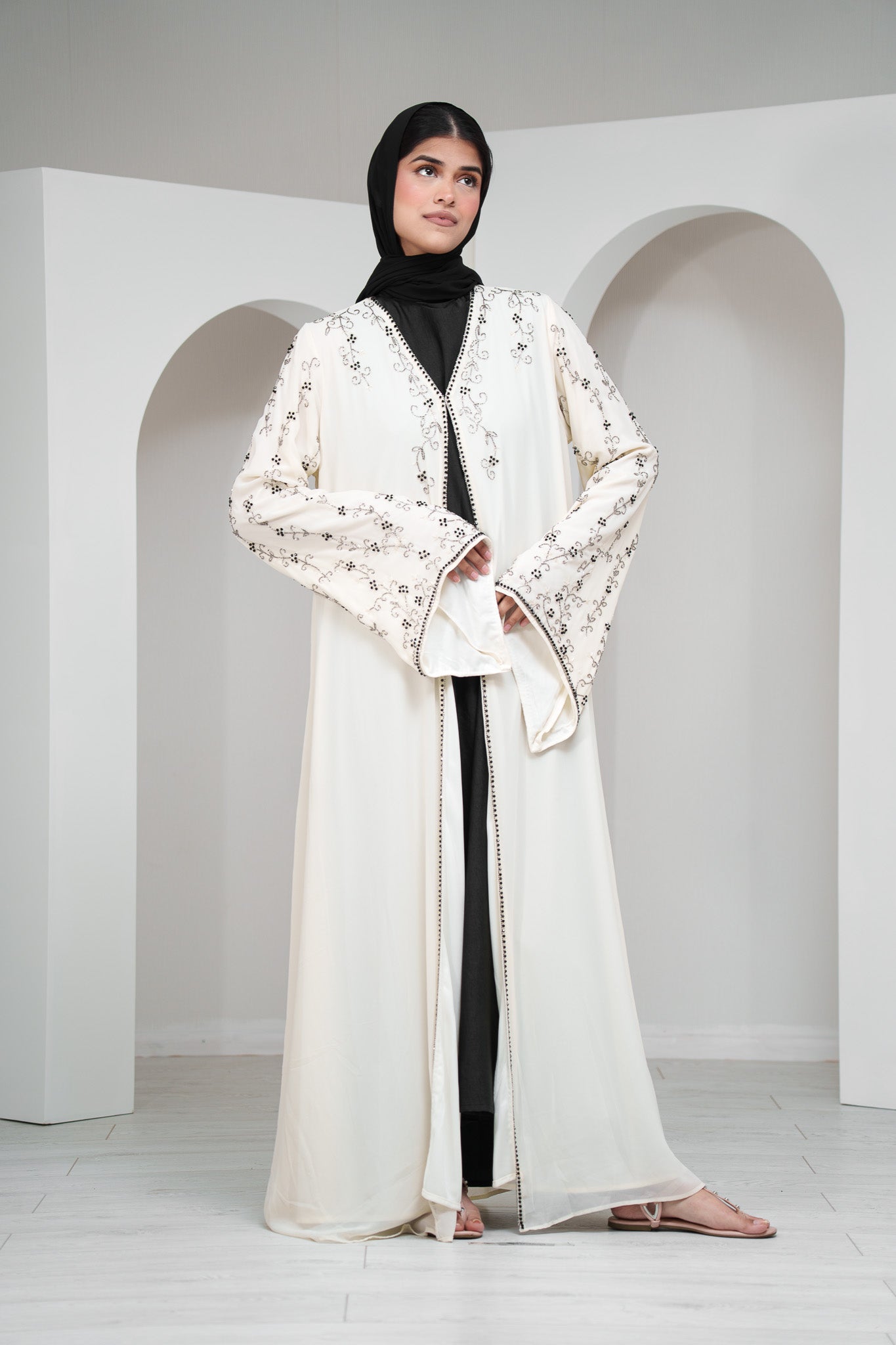 Navy 2 Piece Cape Sleeve Abaya Full Beaded Embroidery with Matching Belt