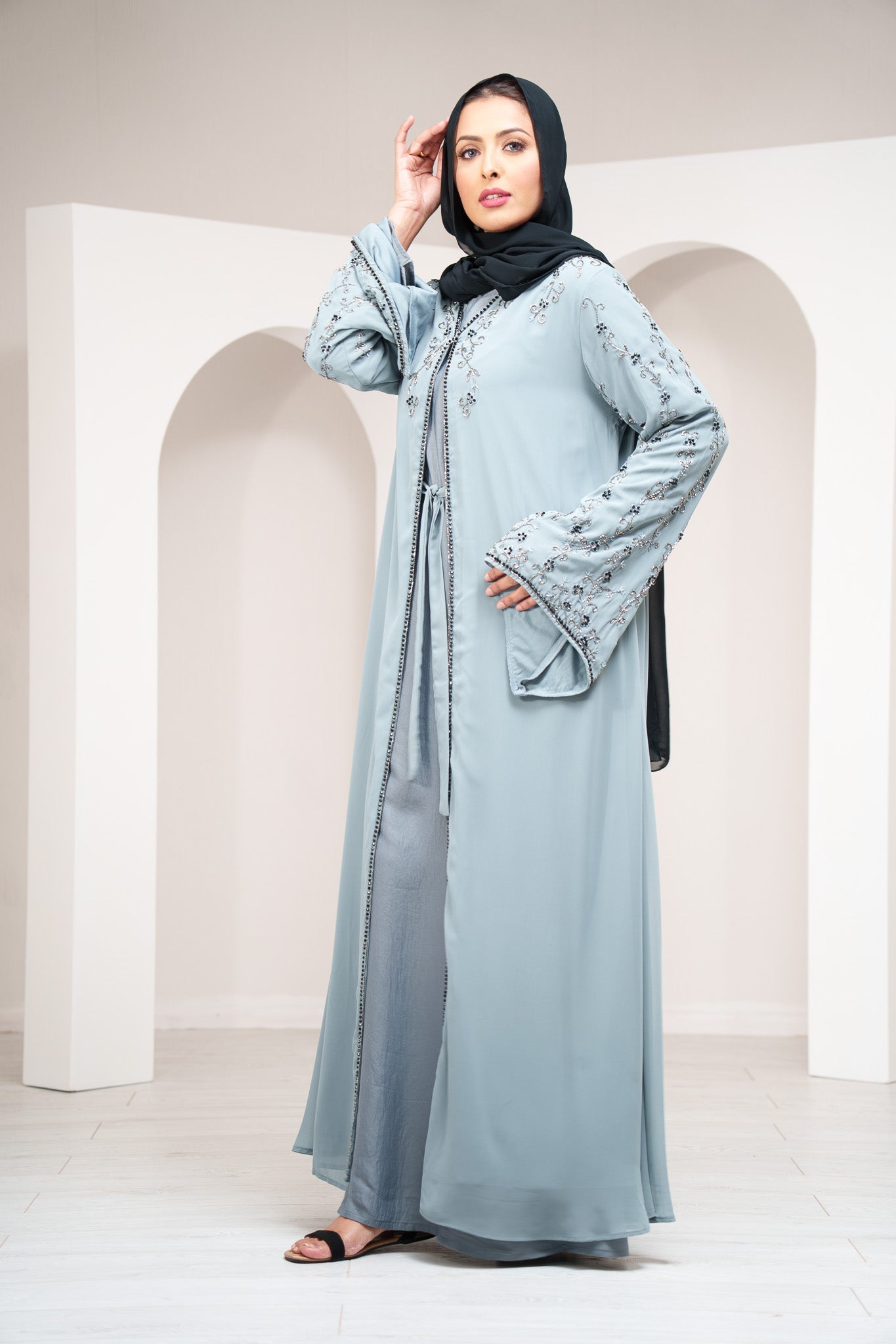 Navy 2 Piece Cape Sleeve Abaya Full Beaded Embroidery with Matching Belt