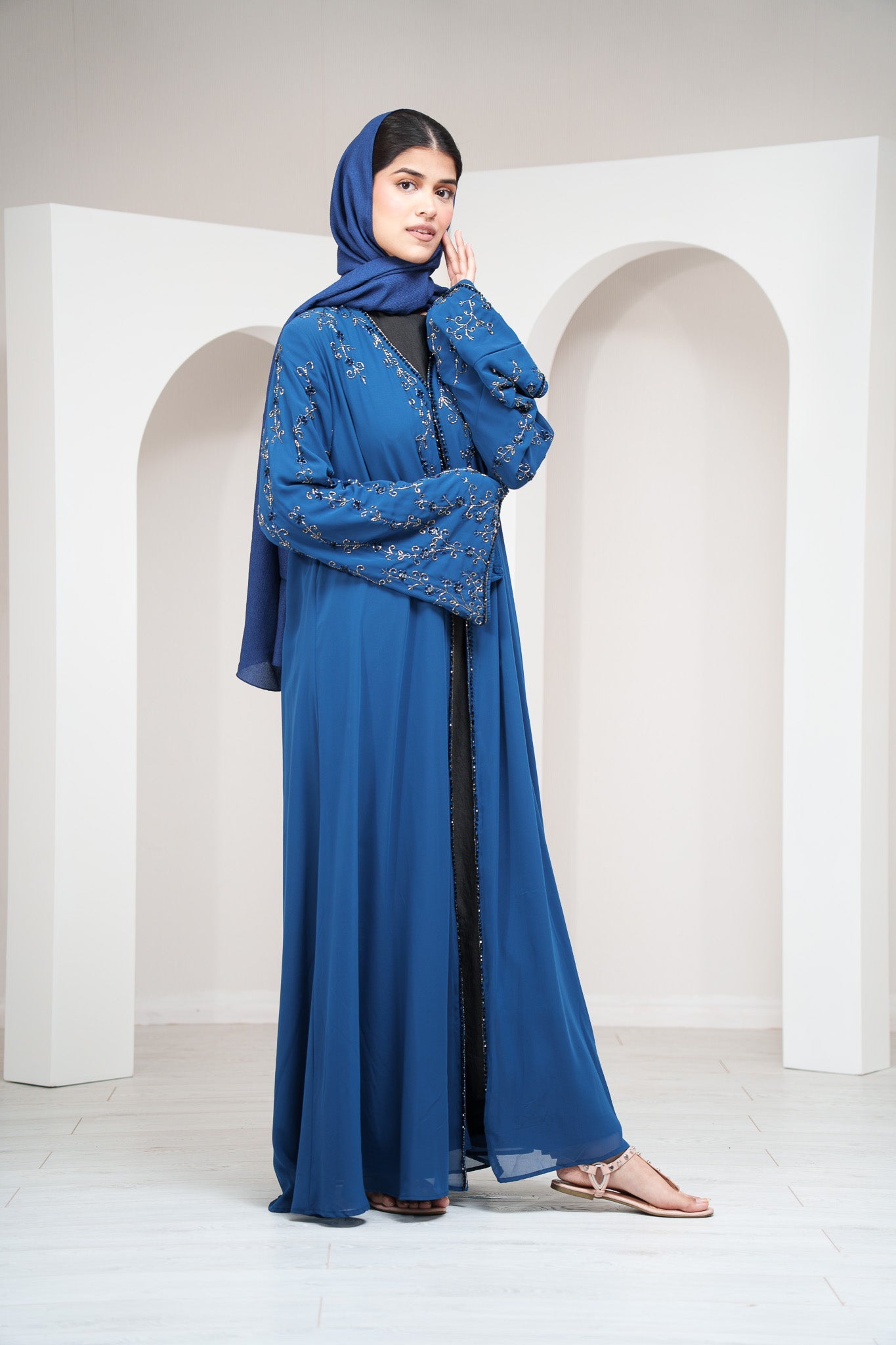 Navy 2 Piece Cape Sleeve Abaya Full Beaded Embroidery with Matching Belt