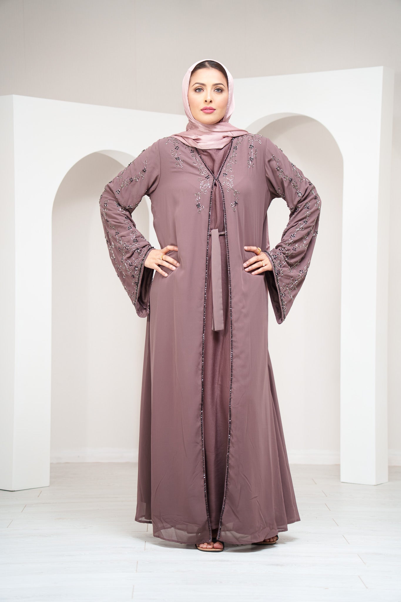 Navy 2 Piece Cape Sleeve Abaya Full Beaded Embroidery with Matching Belt