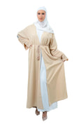 Beige Silk 3 Piece Open Abaya Floral Embroidery Sleeves