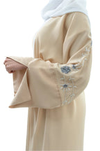 Beige Silk 3 Piece Open Abaya Floral Embroidery Sleeves