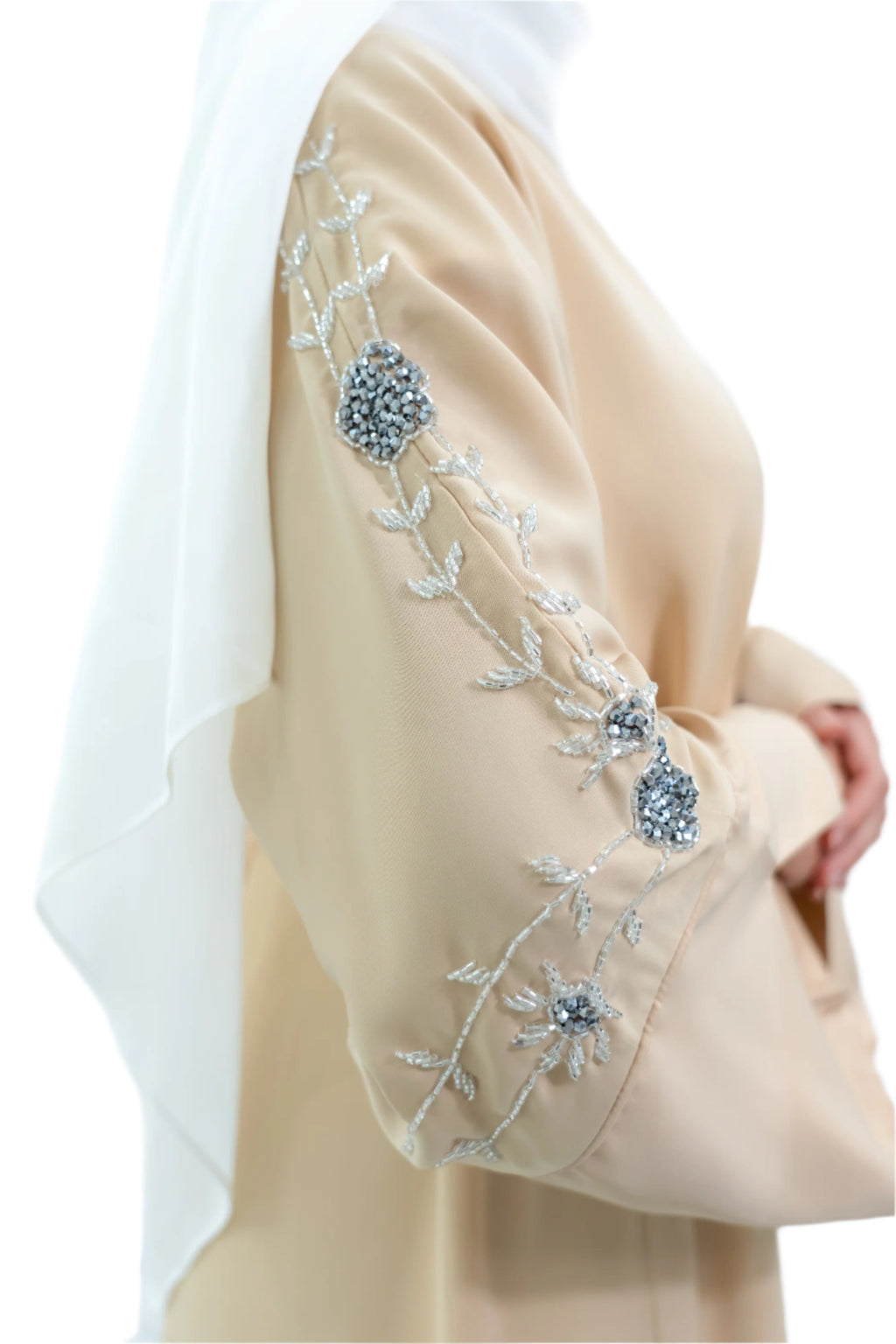 Beige Silk 3 Piece Open Abaya Floral Embroidery Sleeves