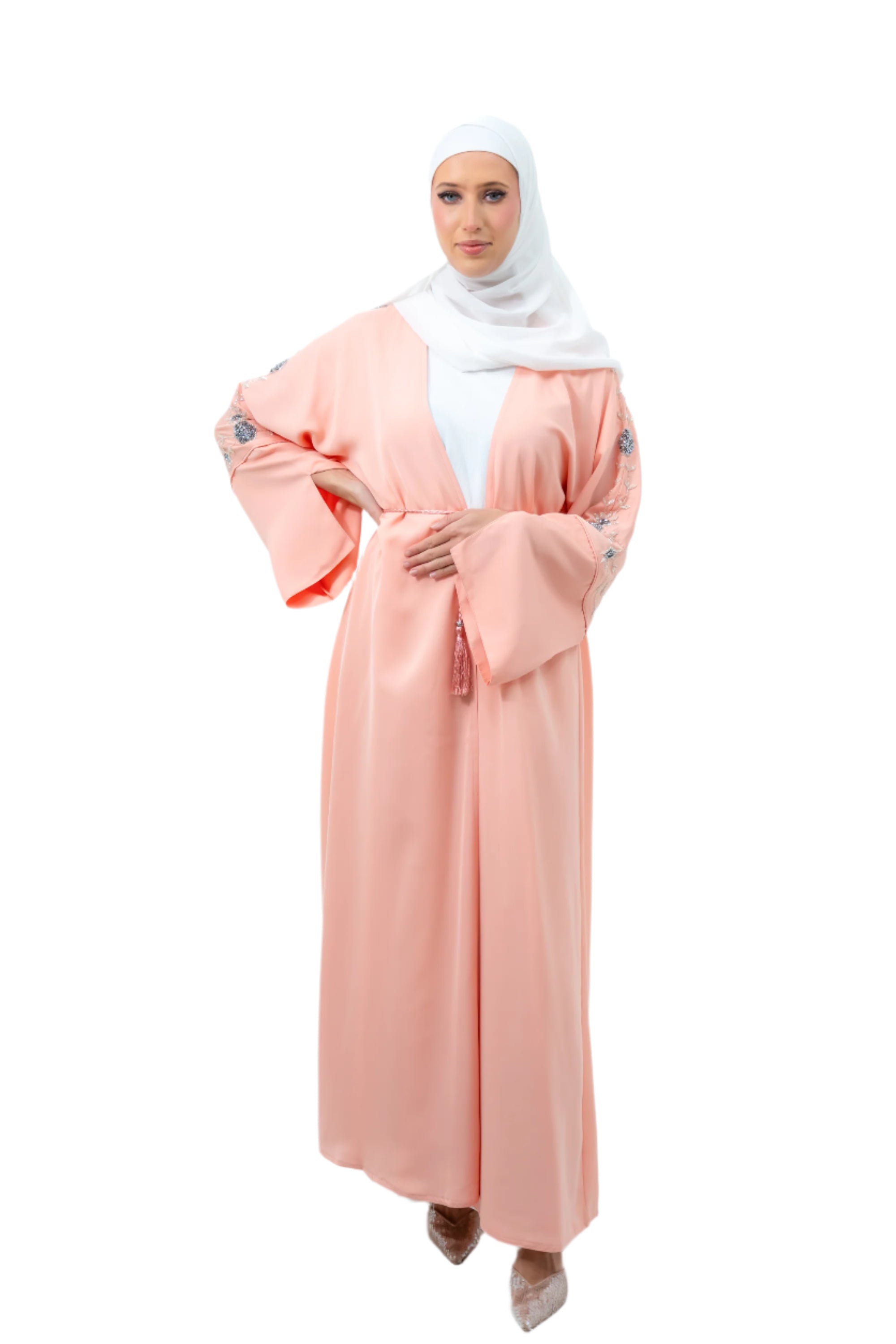 Beige Silk 3 Piece Open Abaya Floral Embroidery Sleeves