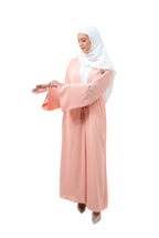 Beige Silk 3 Piece Open Abaya Floral Embroidery Sleeves
