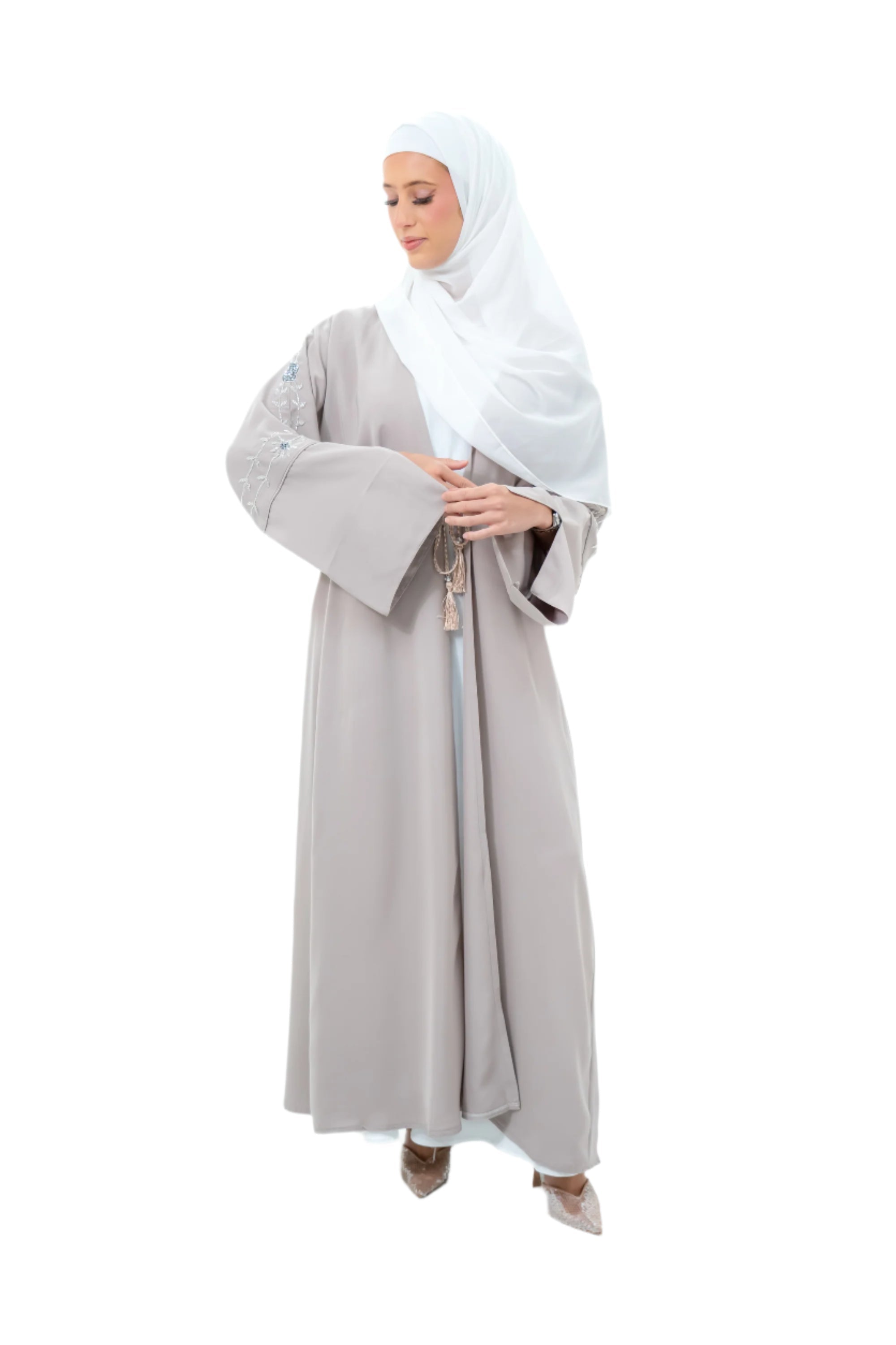 Beige Silk 3 Piece Open Abaya Floral Embroidery Sleeves
