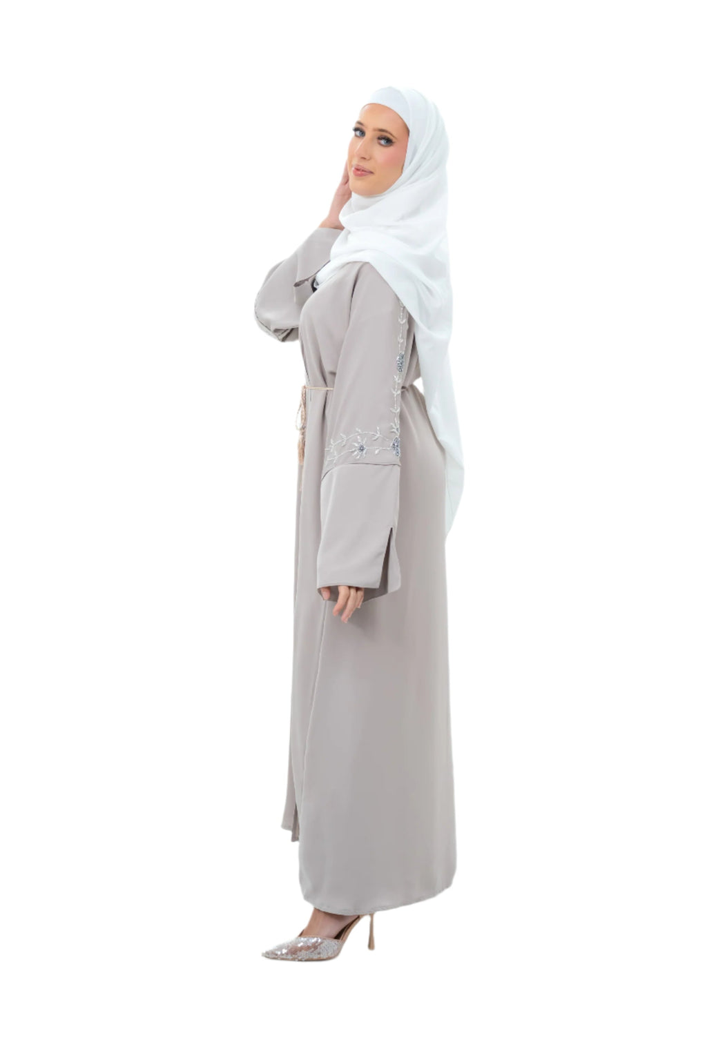 Beige Silk 3 Piece Open Abaya Floral Embroidery Sleeves