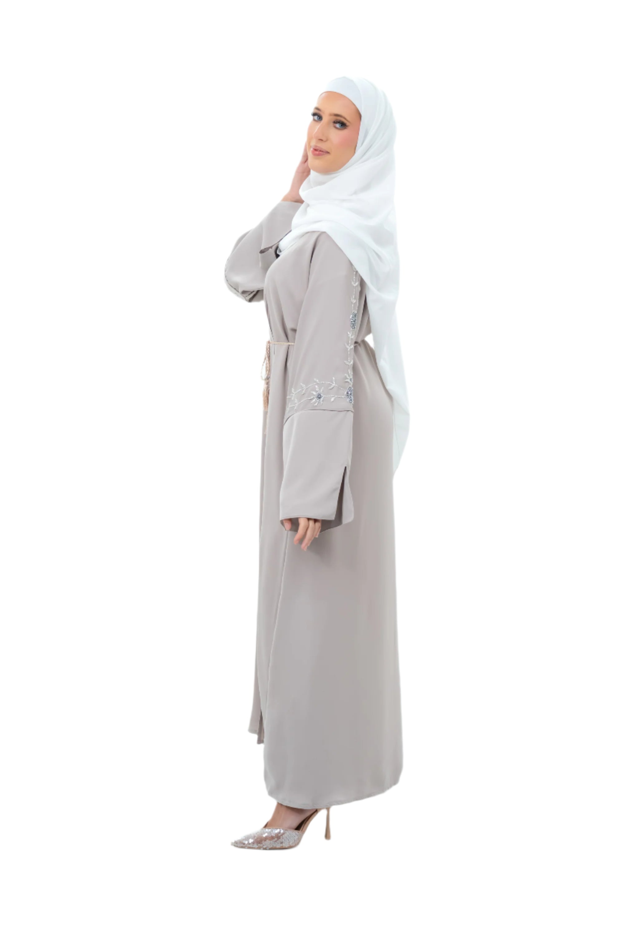 Beige Silk 3 Piece Open Abaya Floral Embroidery Sleeves