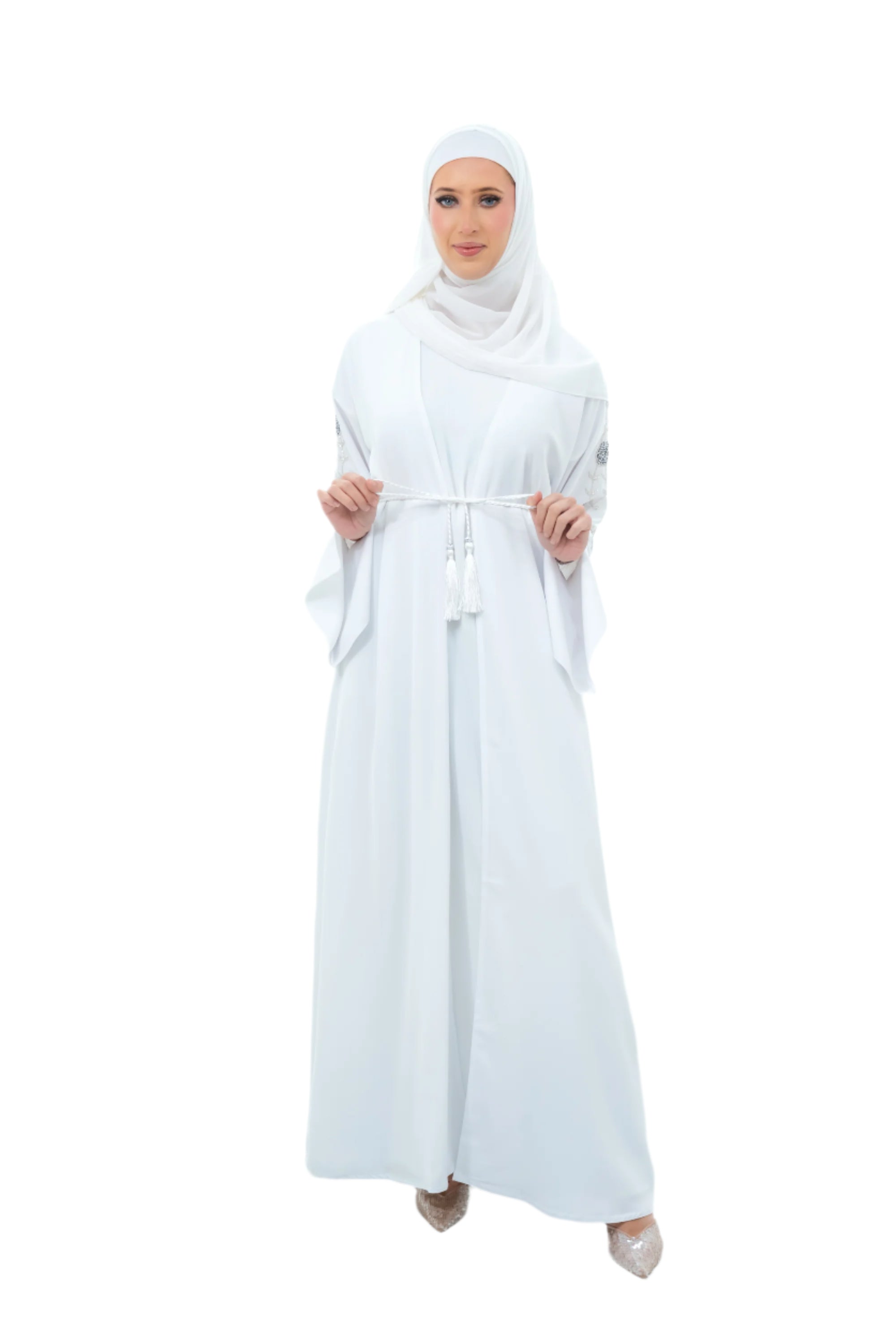 Beige Silk 3 Piece Open Abaya Floral Embroidery Sleeves