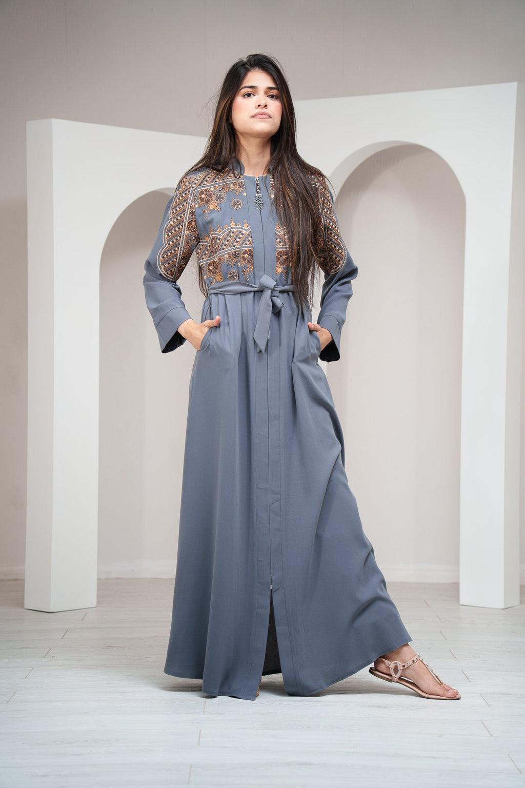 Slate Moroccan Inspired Abaya  Embroidered Detailing with Zip Front with Pockets