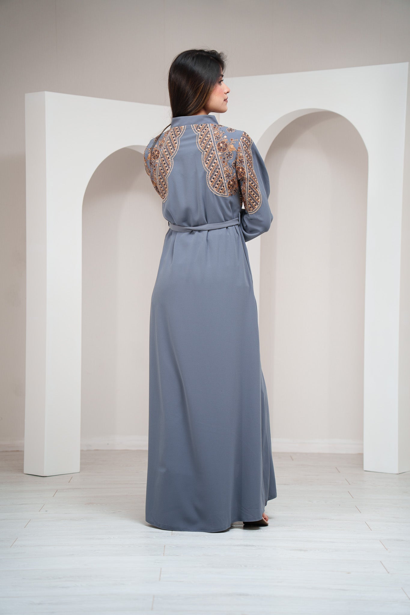Slate Moroccan Inspired Abaya  Embroidered Detailing with Zip Front with Pockets