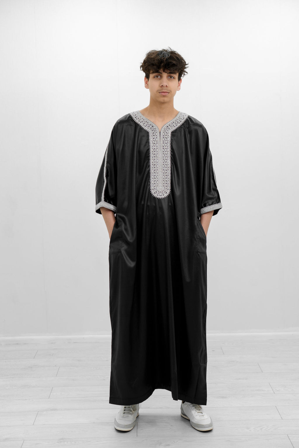 Black Shiny Half Sleeve  Moroccan Jubba with Pockets