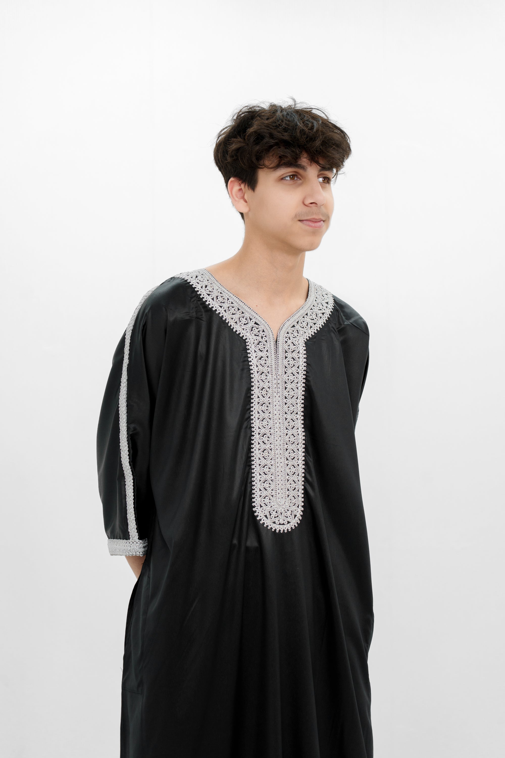 Black Shiny Half Sleeve  Moroccan Jubba with Pockets