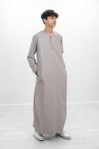 Grey Omani Zip Neck with V Neck Embroidery Design Jubba