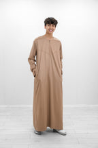 Tan Omani Shiny Zip Neck with V Neck Embroidery Design Jubba