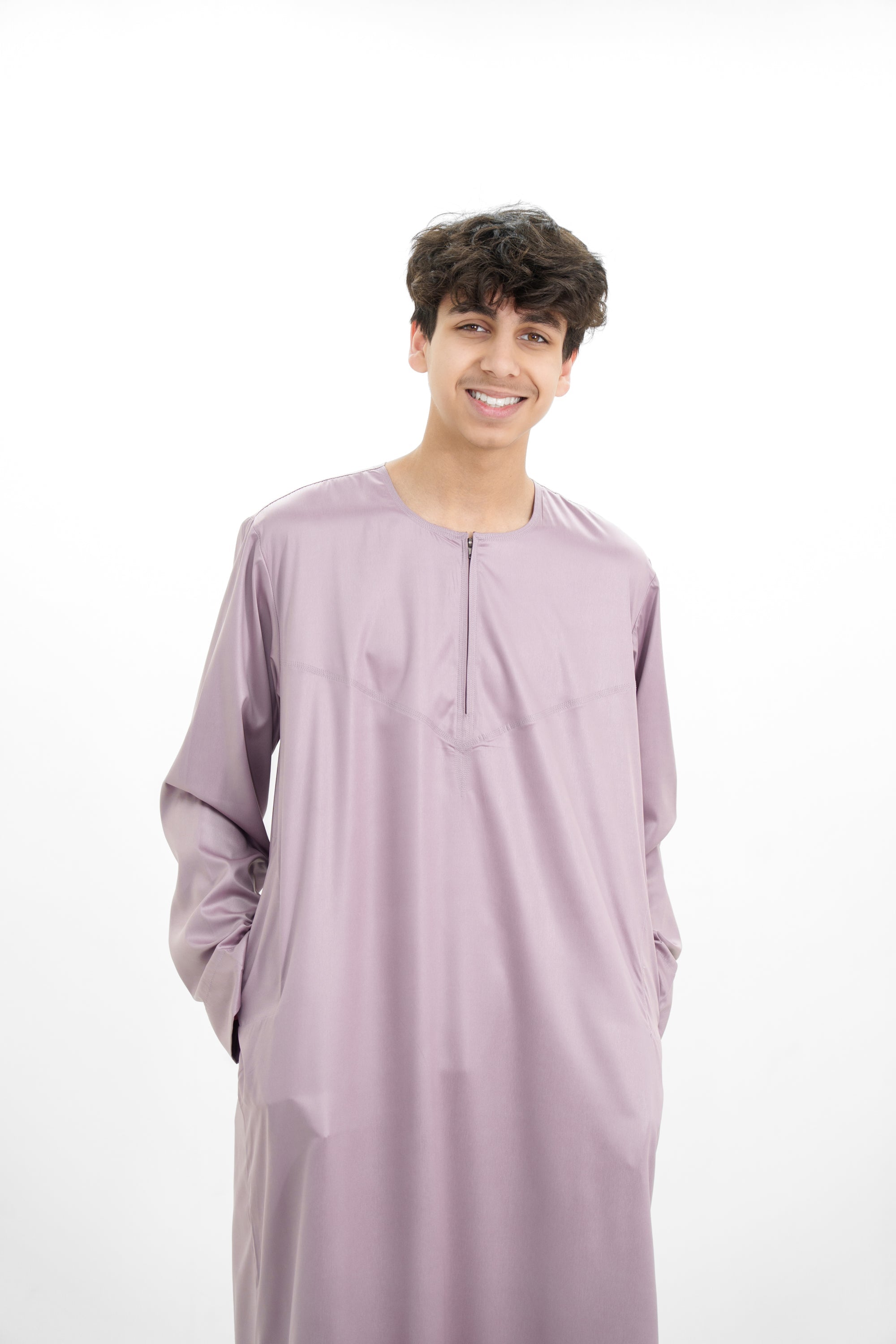 Tan Omani Shiny Zip Neck with V Neck Embroidery Design Jubba