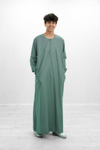 Tan Omani Shiny Zip Neck with V Neck Embroidery Design Jubba