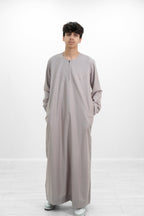 Grey Omani Zip Neck with V Neck Embroidery Design Jubba