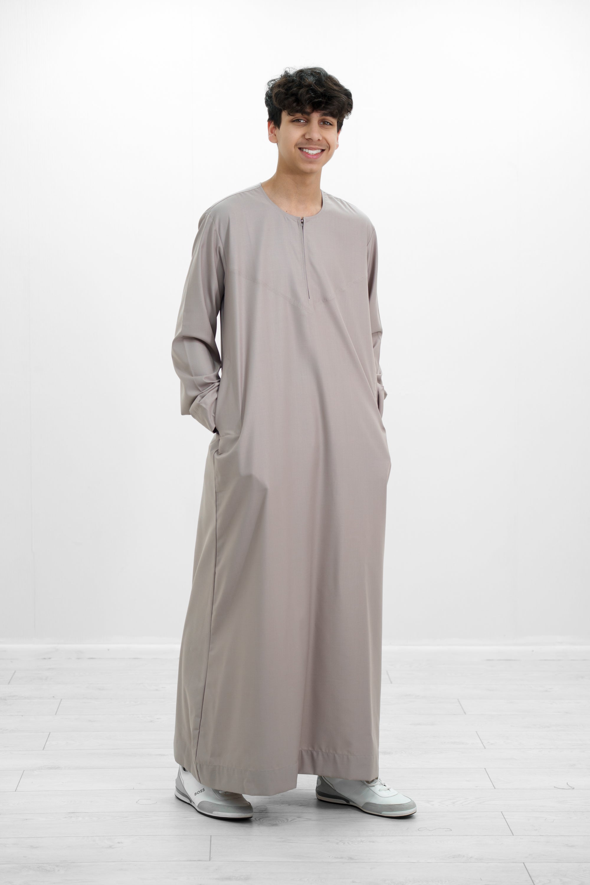 Grey Omani Zip Neck with V Neck Embroidery Design Jubba