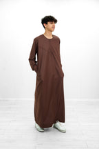 Tan Omani Shiny Zip Neck with V Neck Embroidery Design Jubba