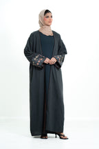 Women’s Cotton 2 Piece Open Abaya with Flower Embroidery