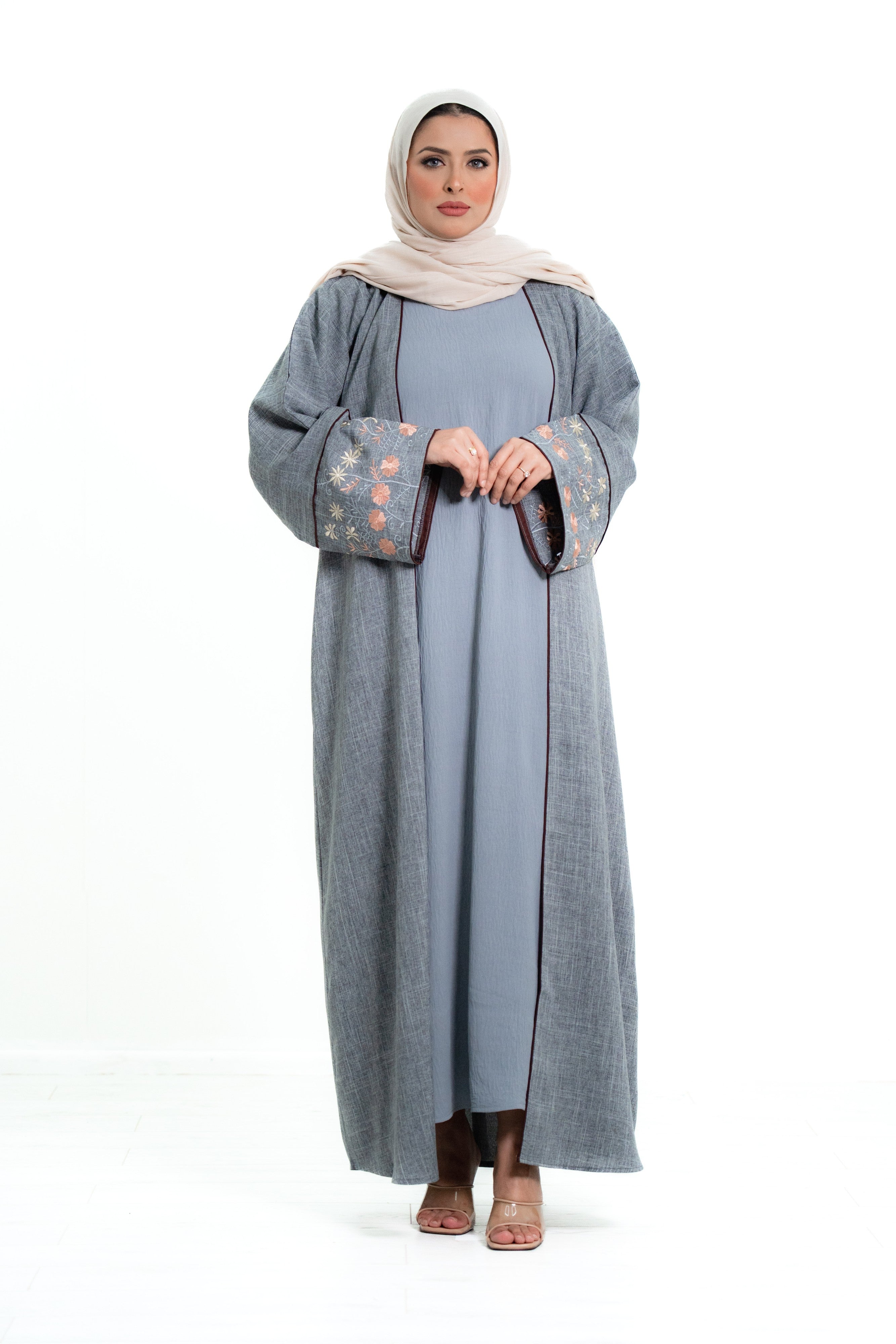 Women’s Cotton 2 Piece Open Abaya with Flower Embroidery