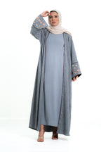 Women’s Cotton 2 Piece Open Abaya with Flower Embroidery