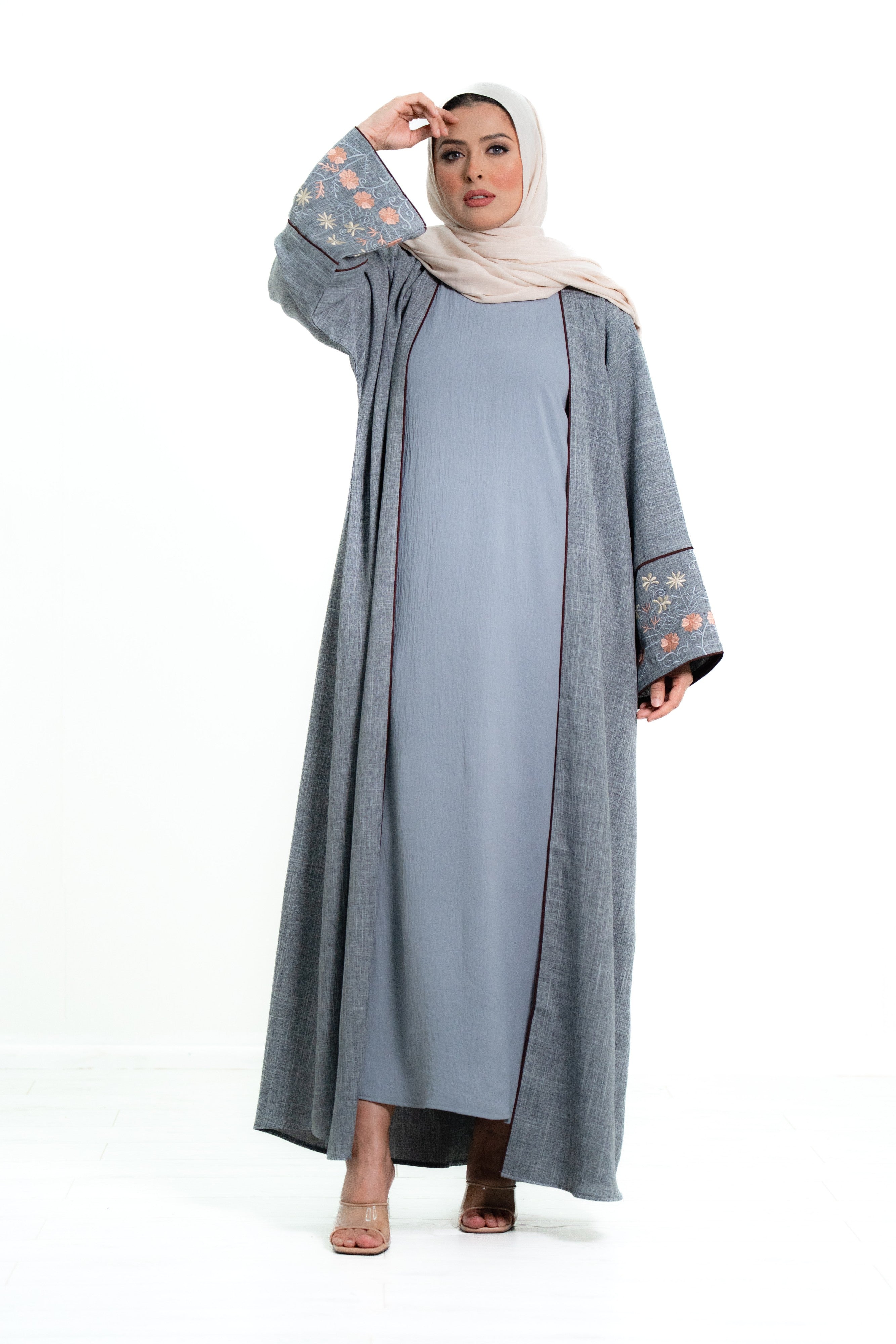 Women’s Cotton 2 Piece Open Abaya with Flower Embroidery