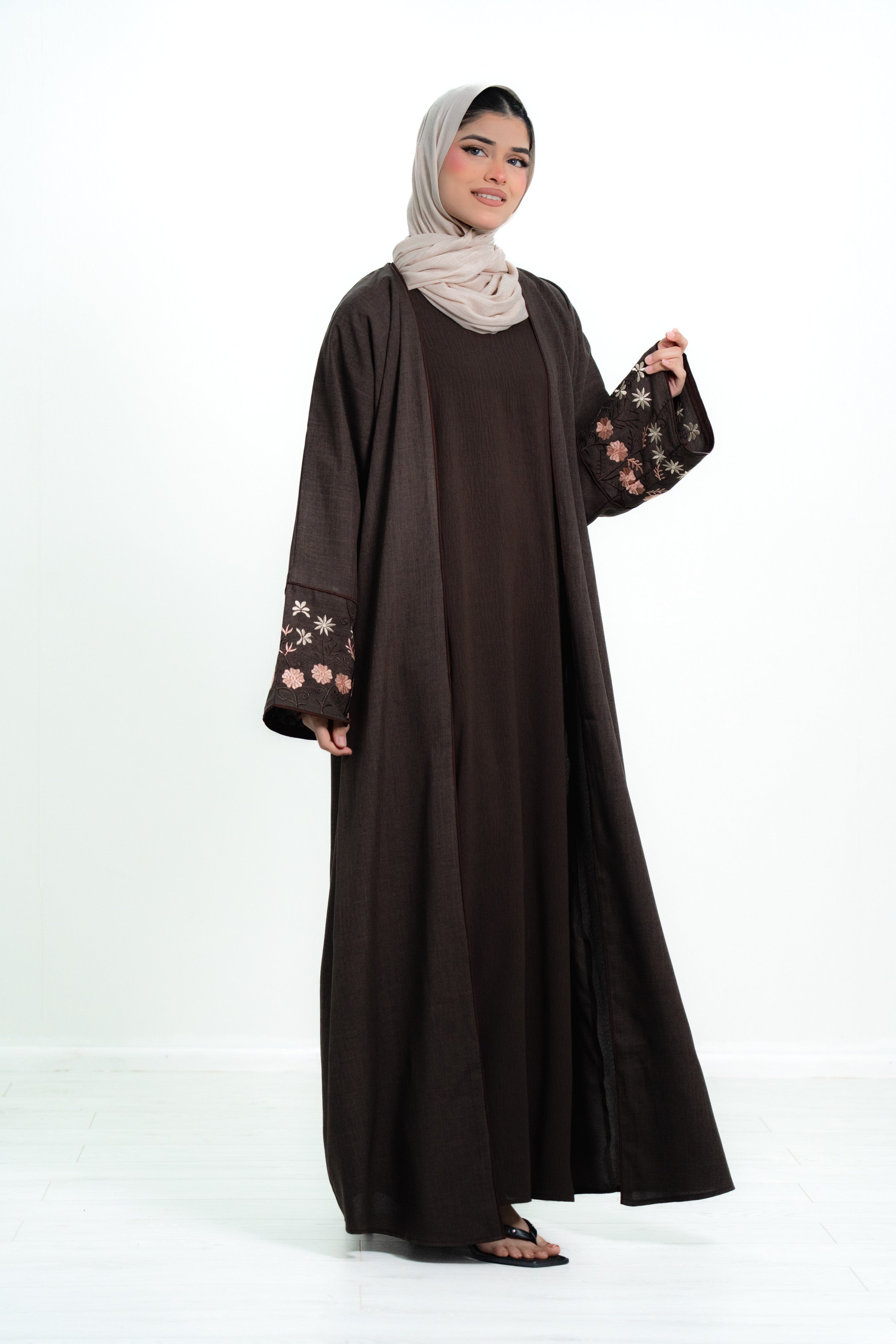 Women’s Cotton 2 Piece Open Abaya with Flower Embroidery