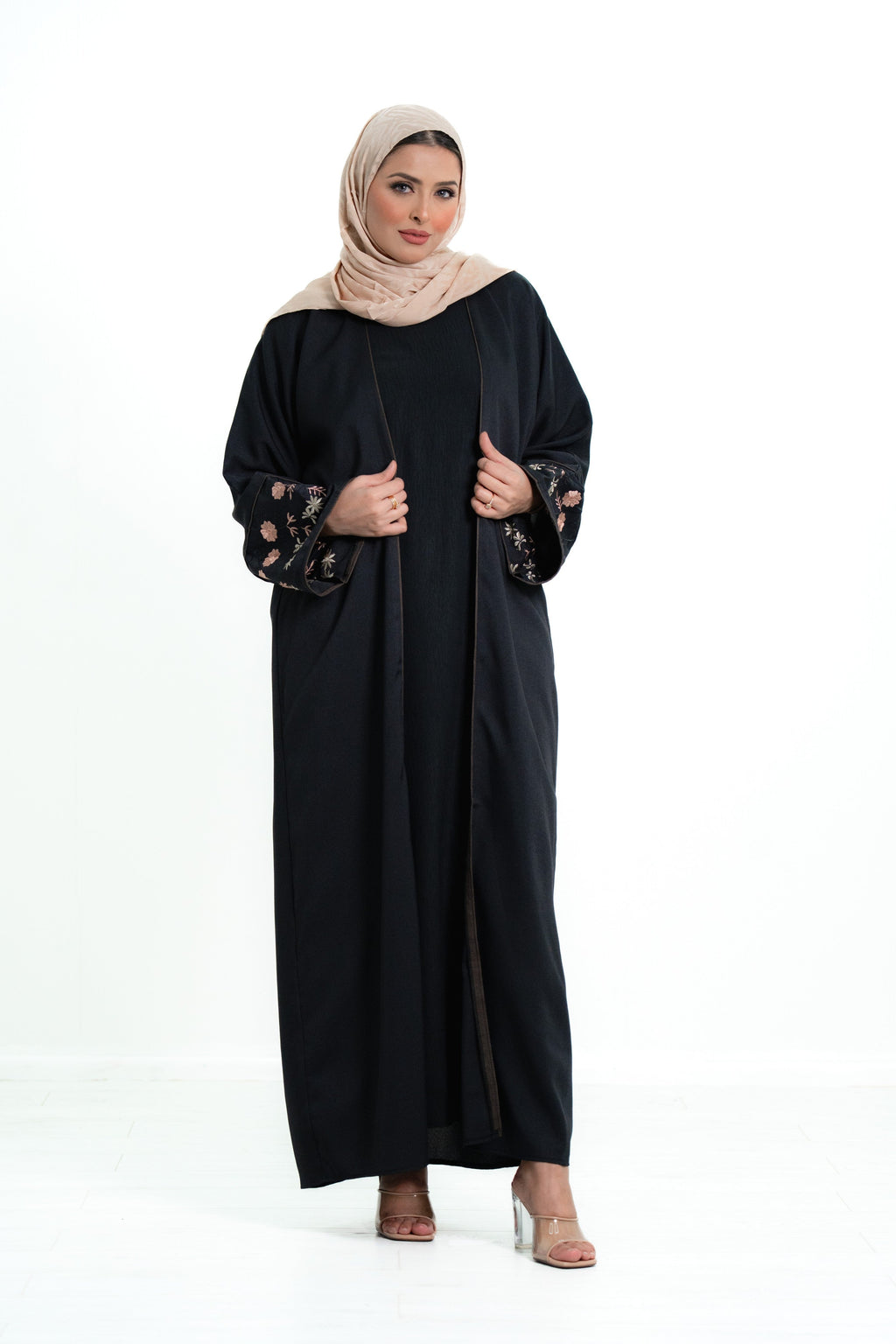 Women’s Cotton 2 Piece Open Abaya with Flower Embroidery