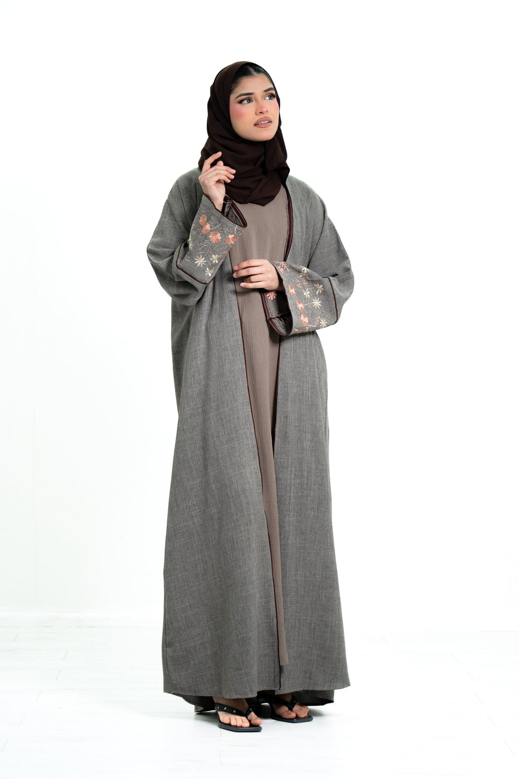 Women’s Cotton 2 Piece Open Abaya with Flower Embroidery
