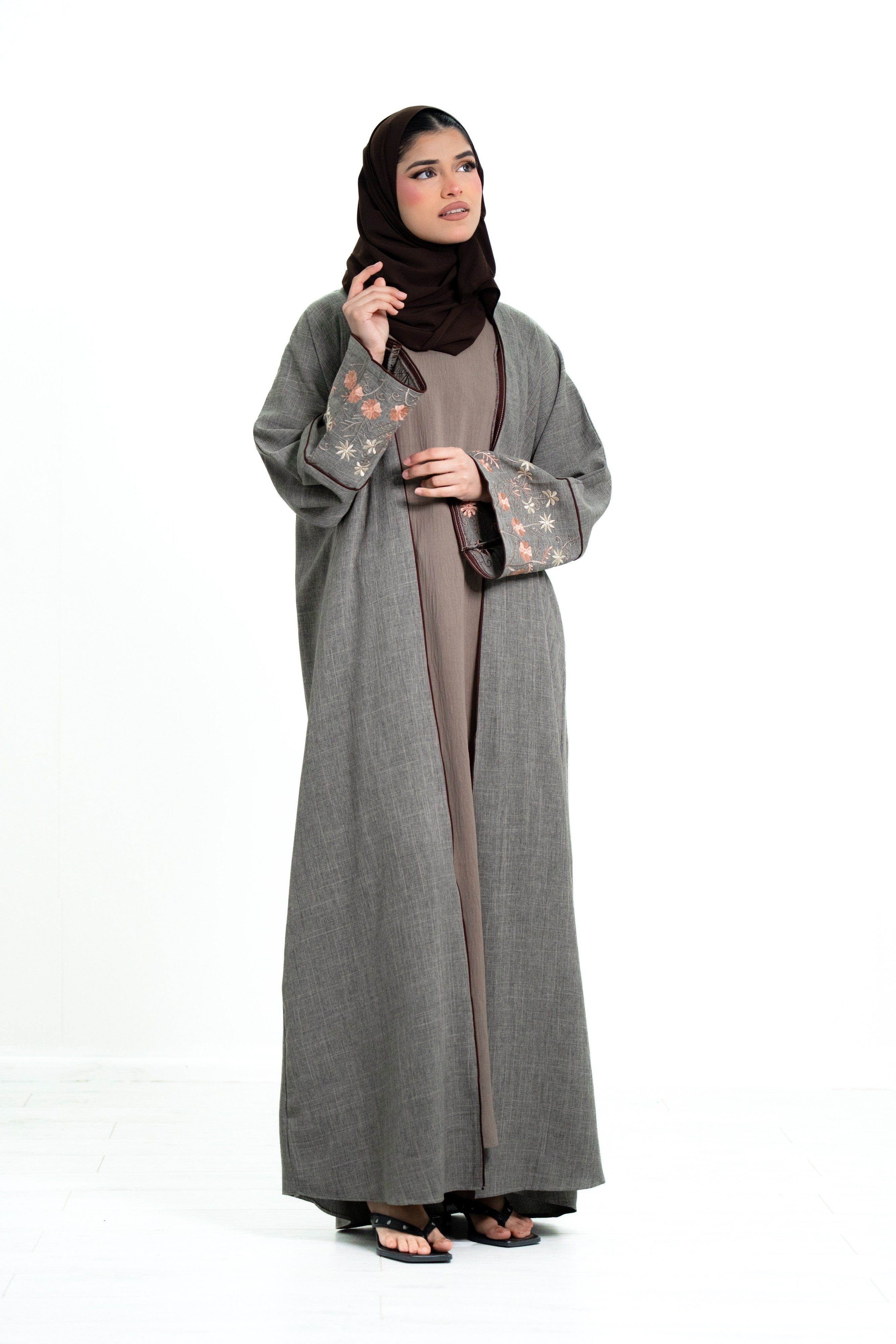 Women’s Cotton 2 Piece Open Abaya with Flower Embroidery