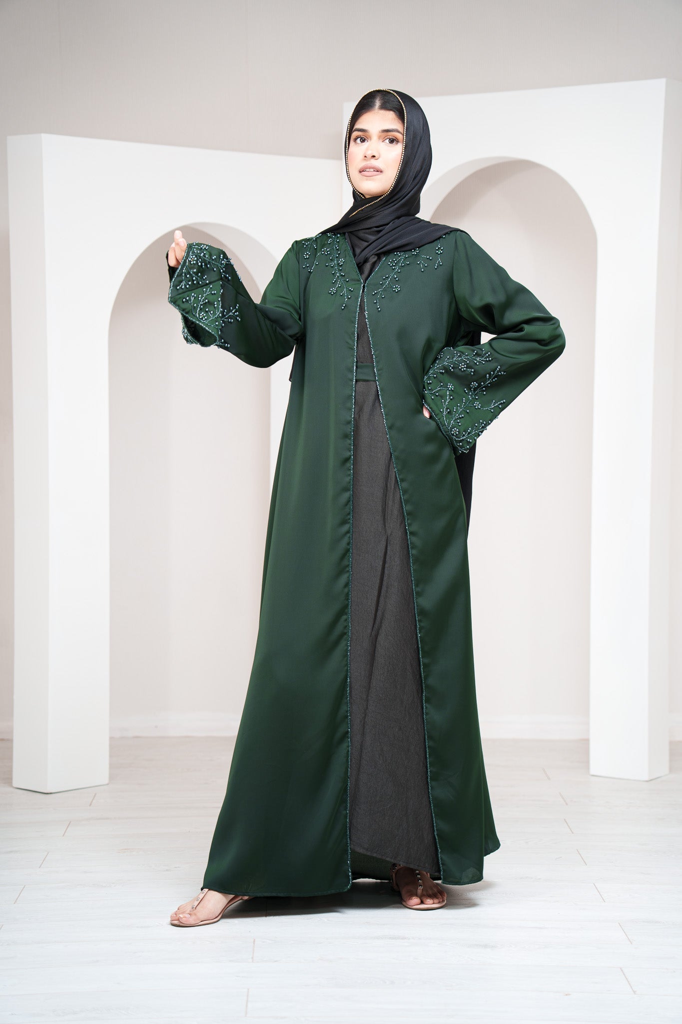 Brown 2 Piece Open Abaya with Clasps Closure