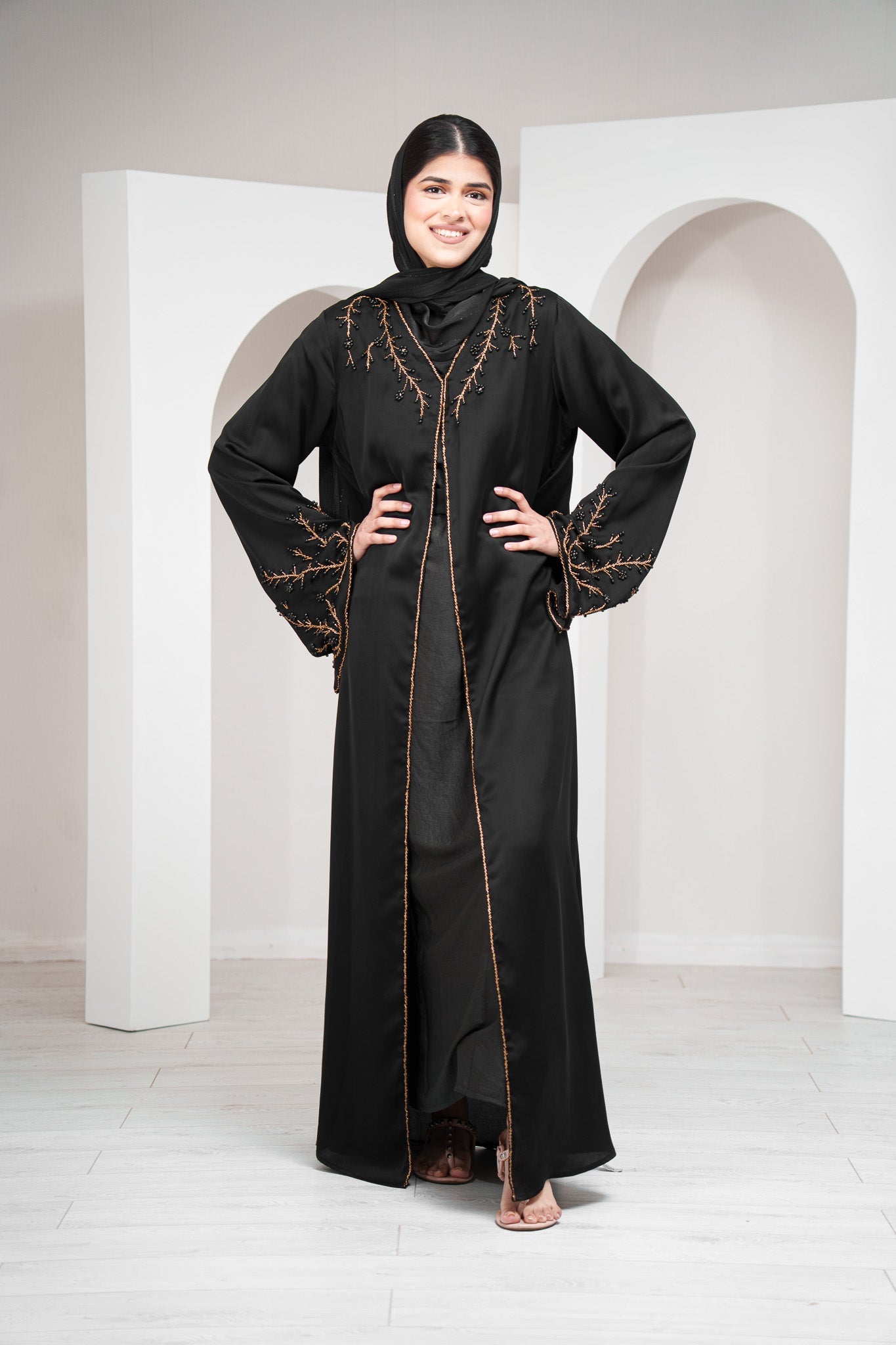 Brown 2 Piece Open Abaya with Clasps Closure
