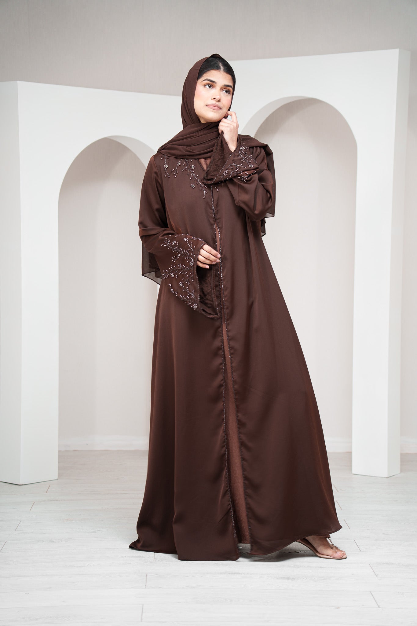 Brown 2 Piece Open Abaya with Clasps Closure