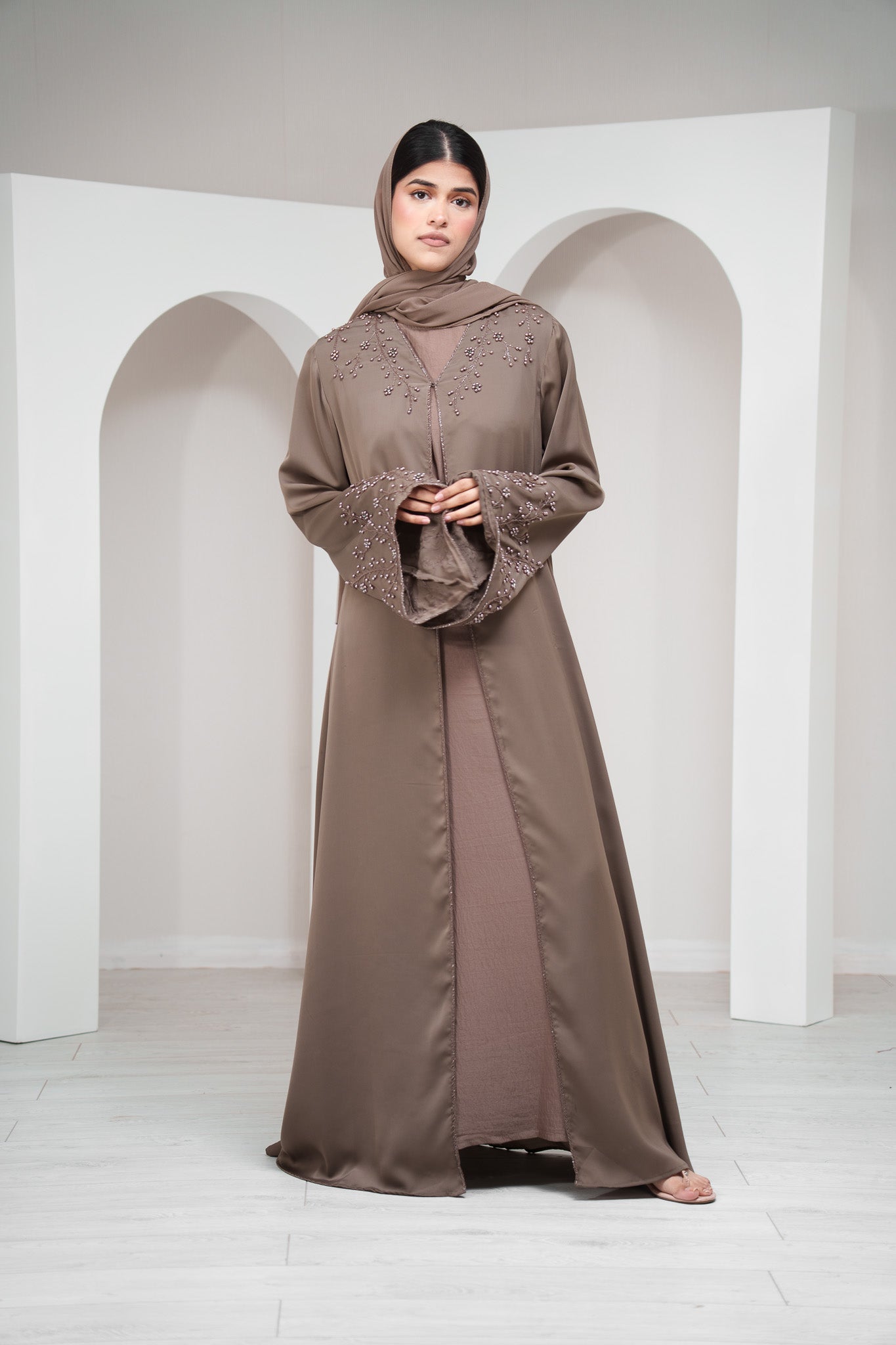 Brown 2 Piece Open Abaya with Clasps Closure