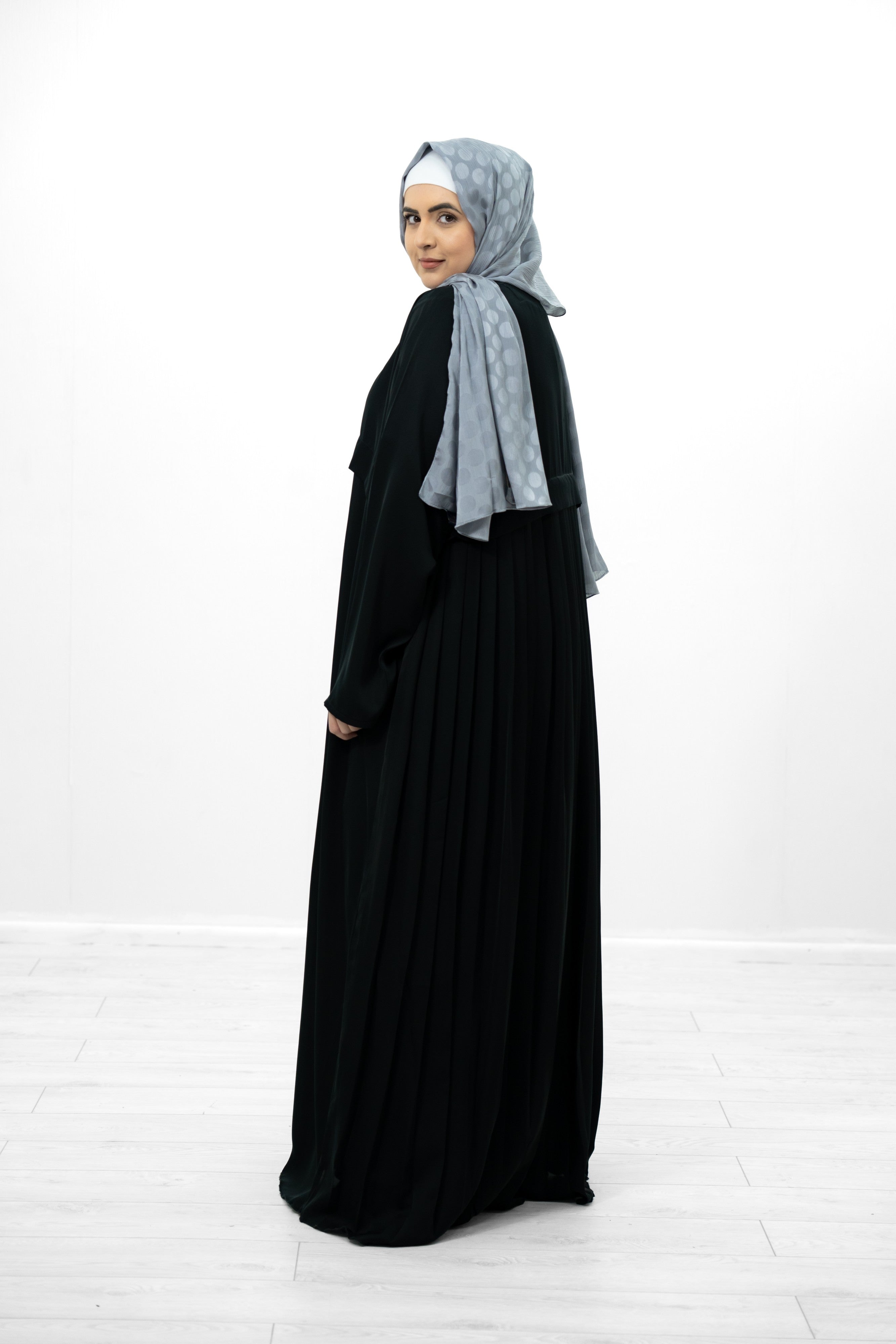 Beige Silk Abaya with Pleat Detailing on the Back