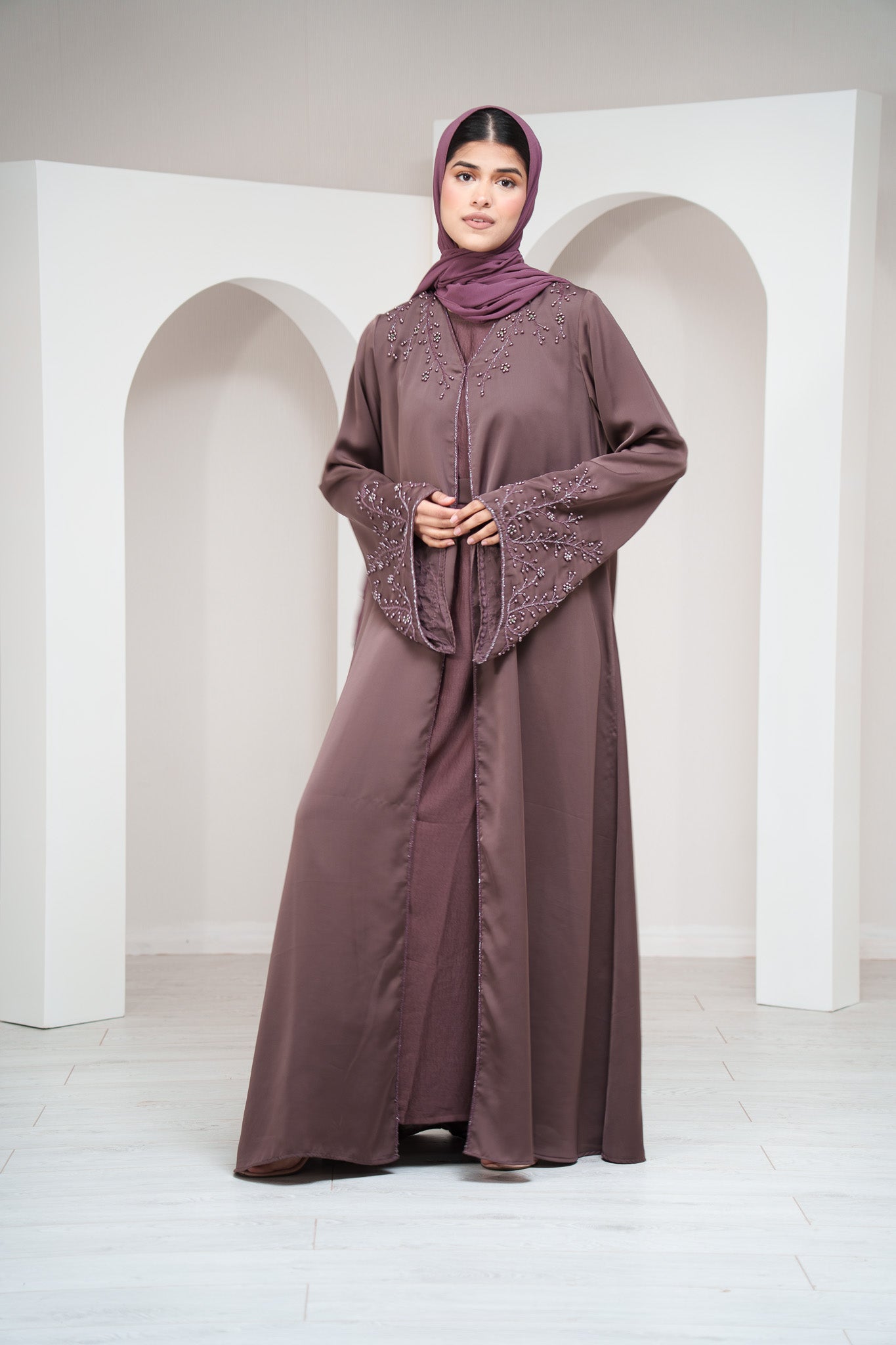Brown 2 Piece Open Abaya with Clasps Closure