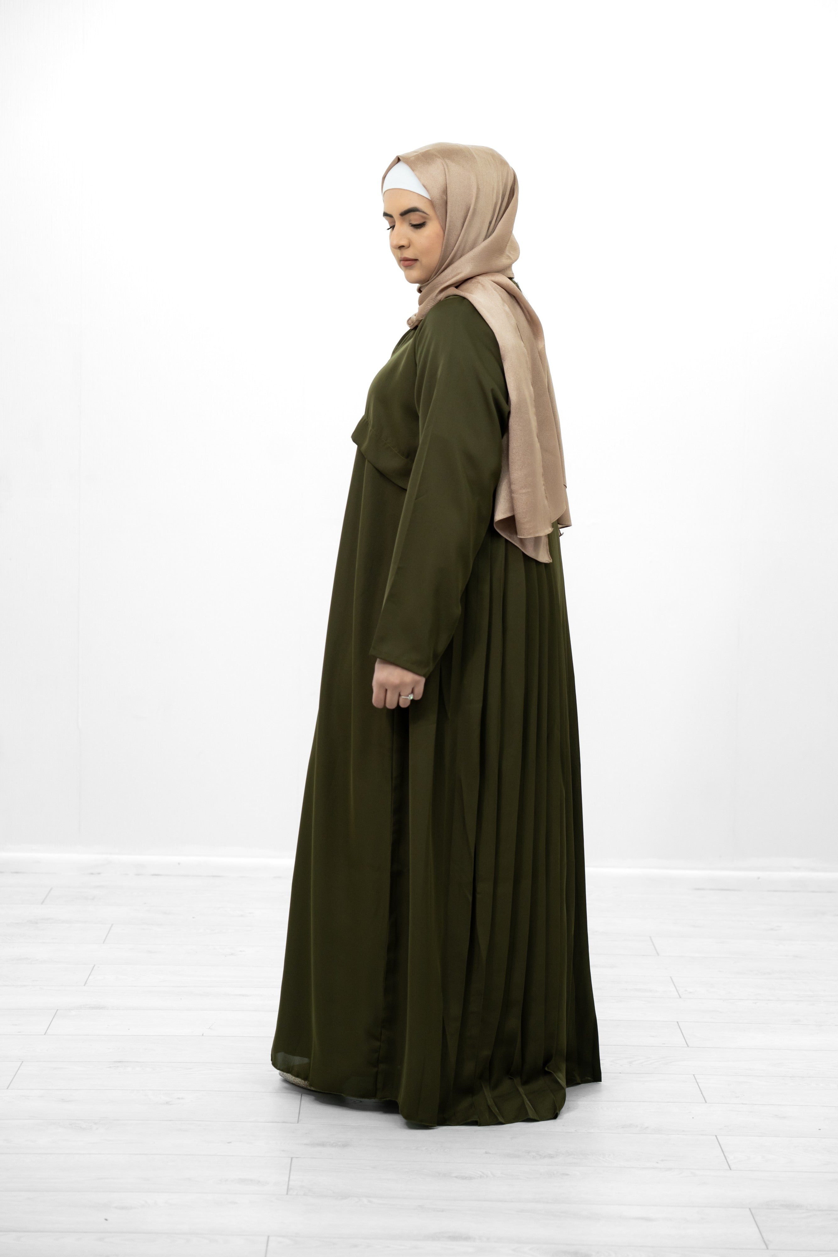 Beige Silk Abaya with Pleat Detailing on the Back