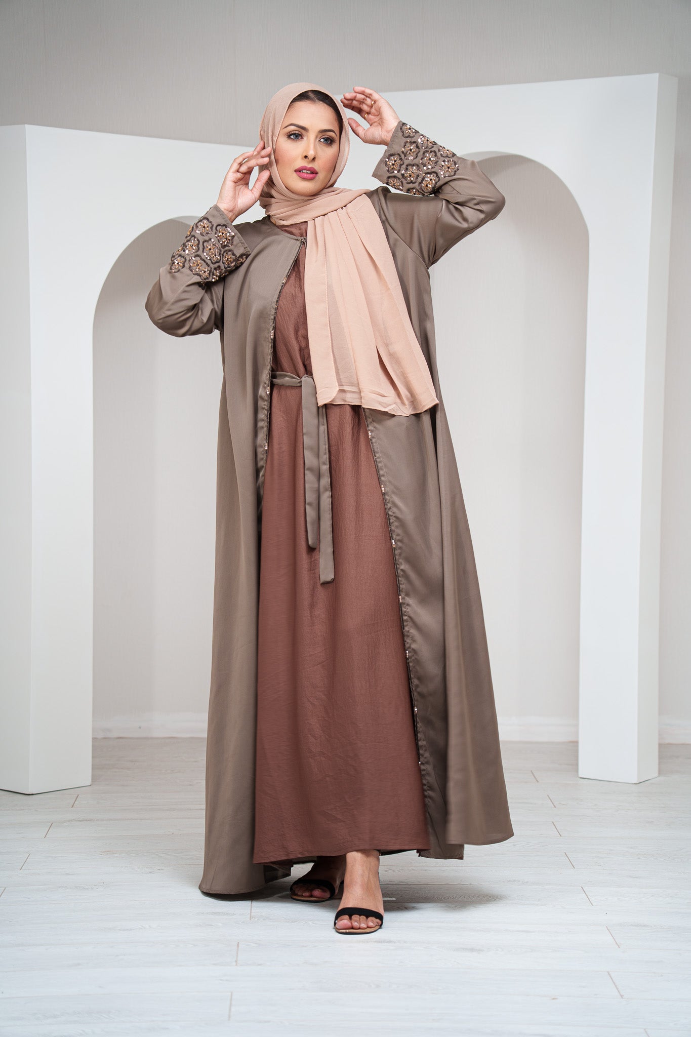 Emerald Green 2 Piece Satin Open Abaya