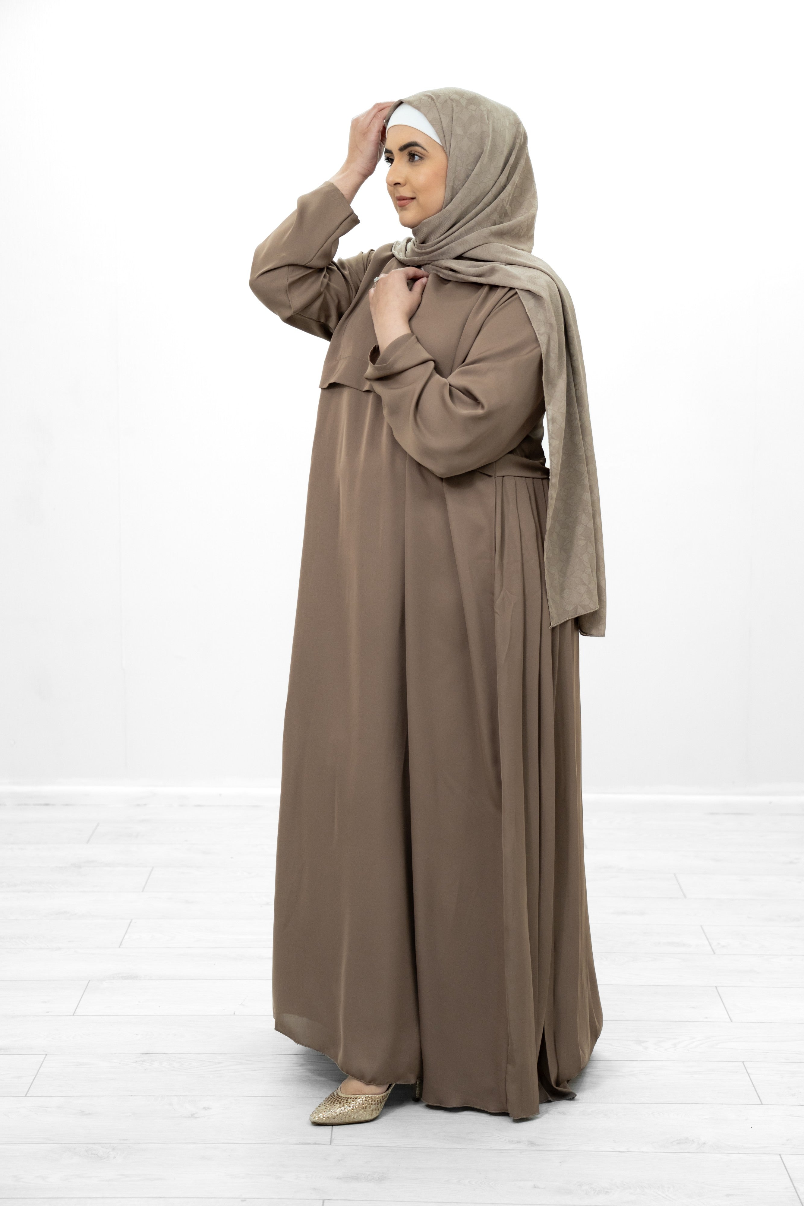 Beige Silk Abaya with Pleat Detailing on the Back