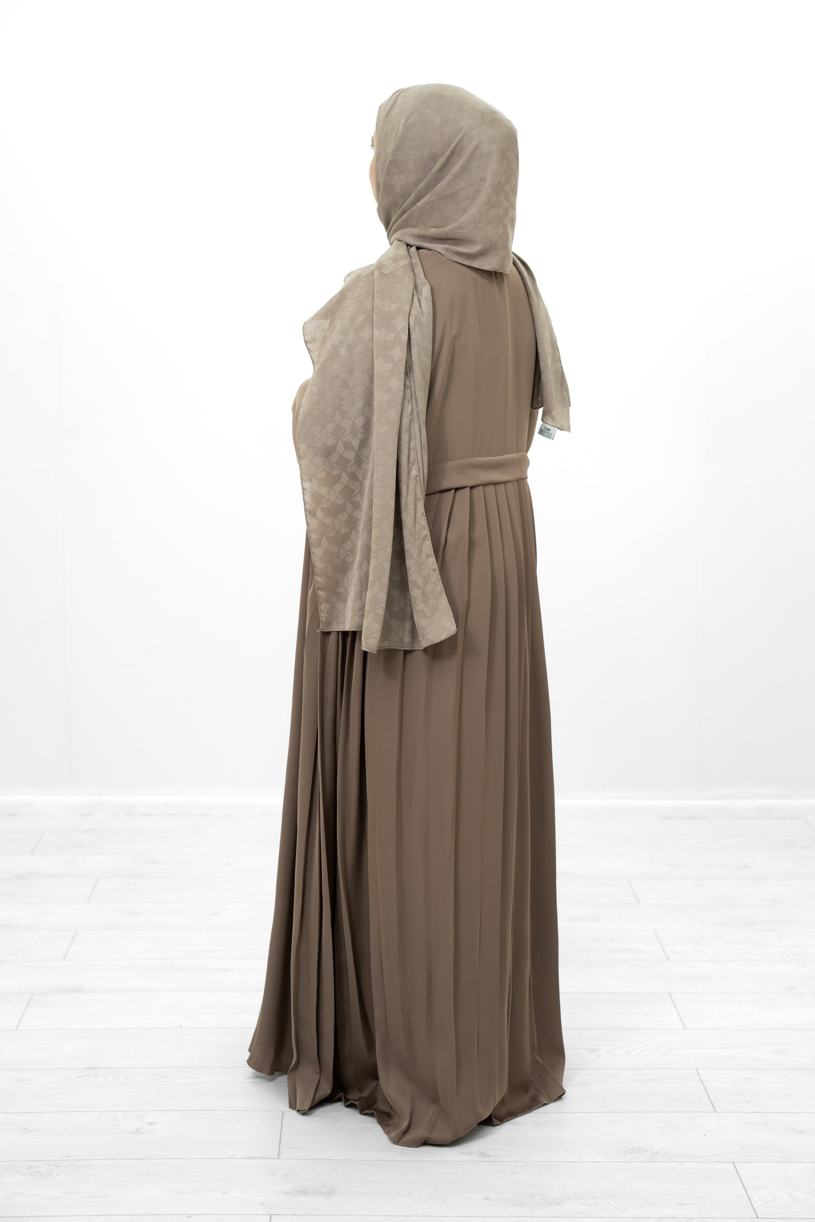Beige Silk Abaya with Pleat Detailing on the Back