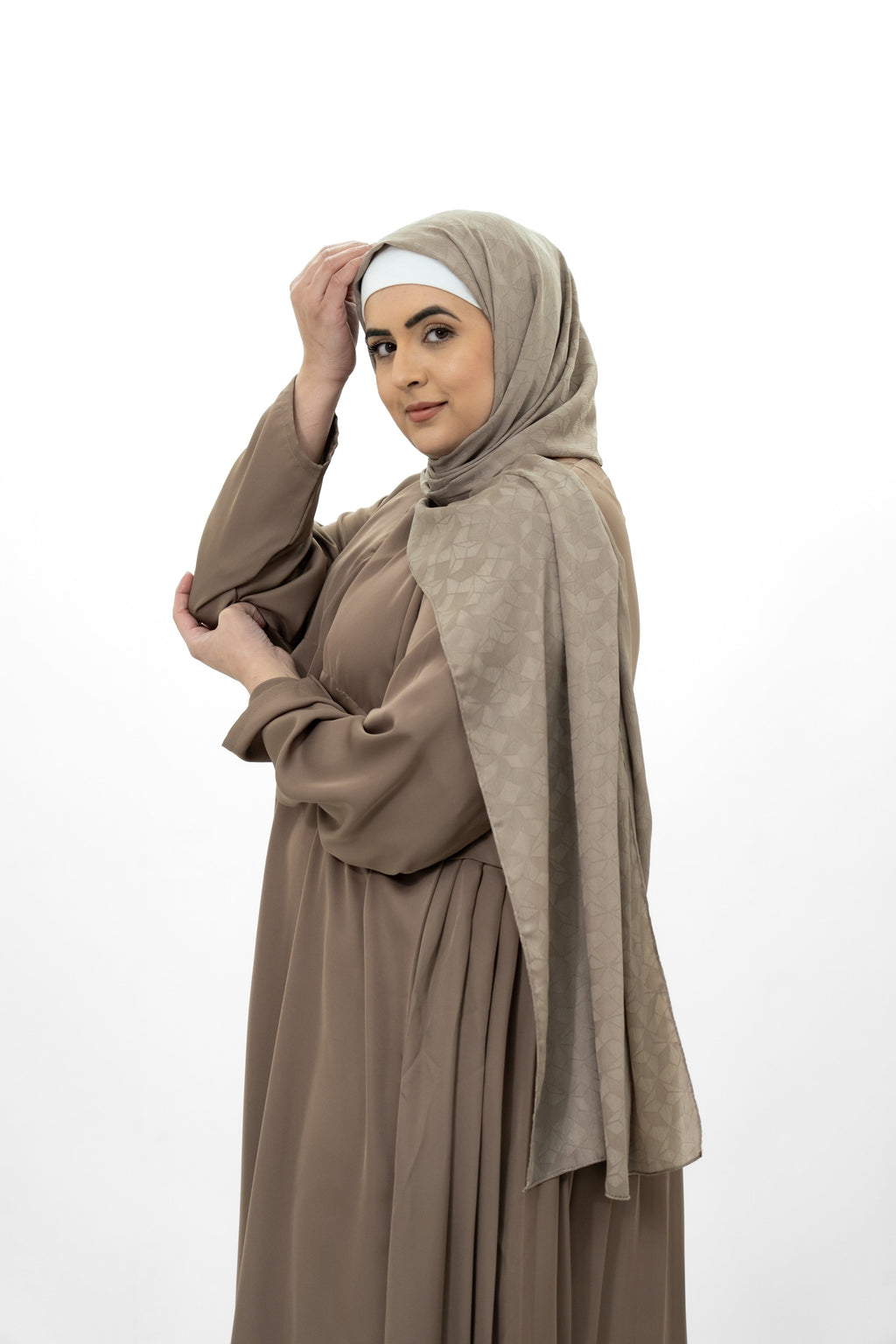 Beige Silk Abaya with Pleat Detailing on the Back