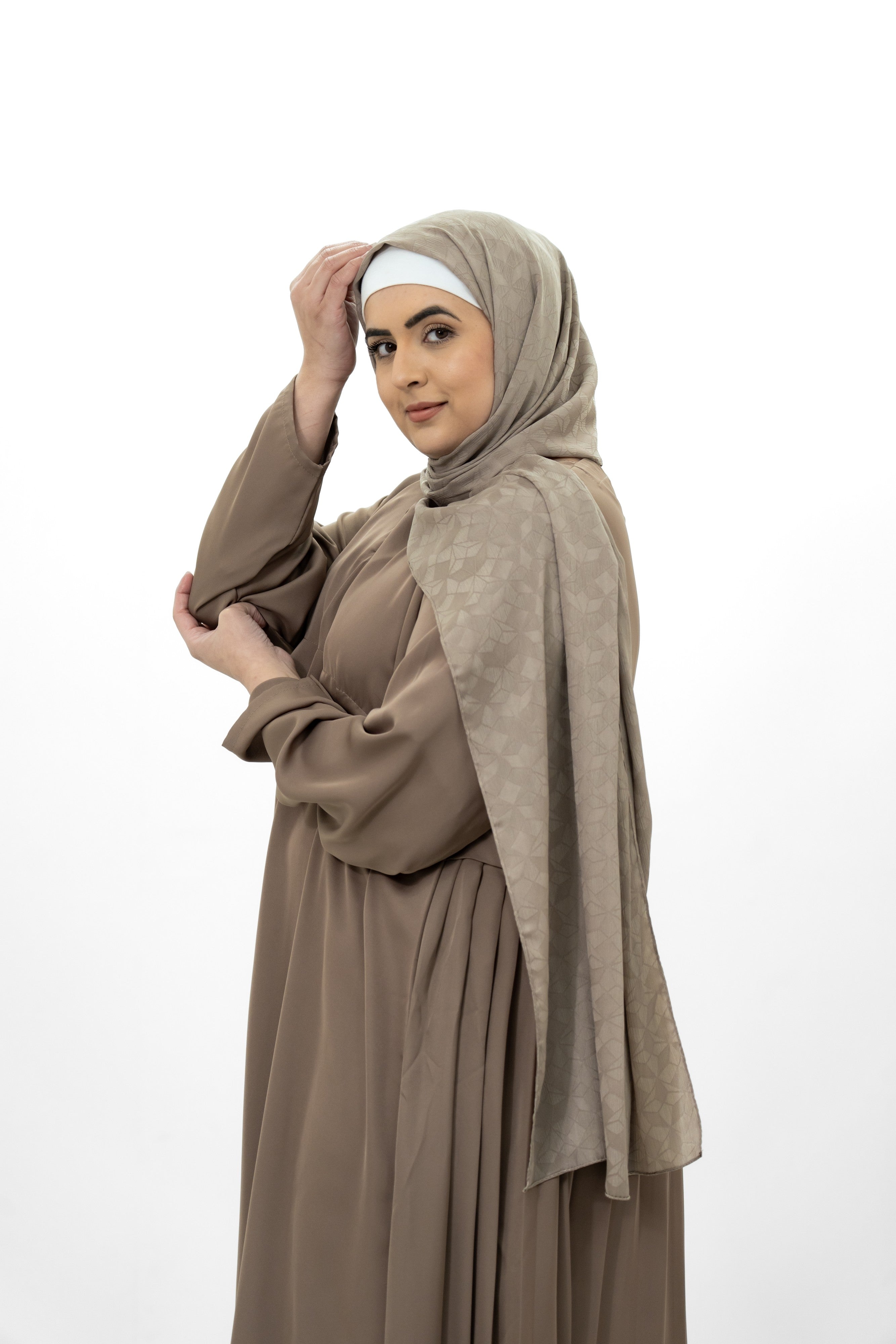 Beige Silk Abaya with Pleat Detailing on the Back