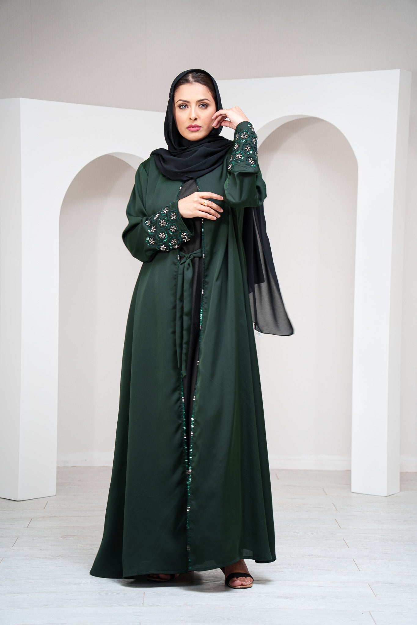 Emerald Green 2 Piece Satin Open Abaya