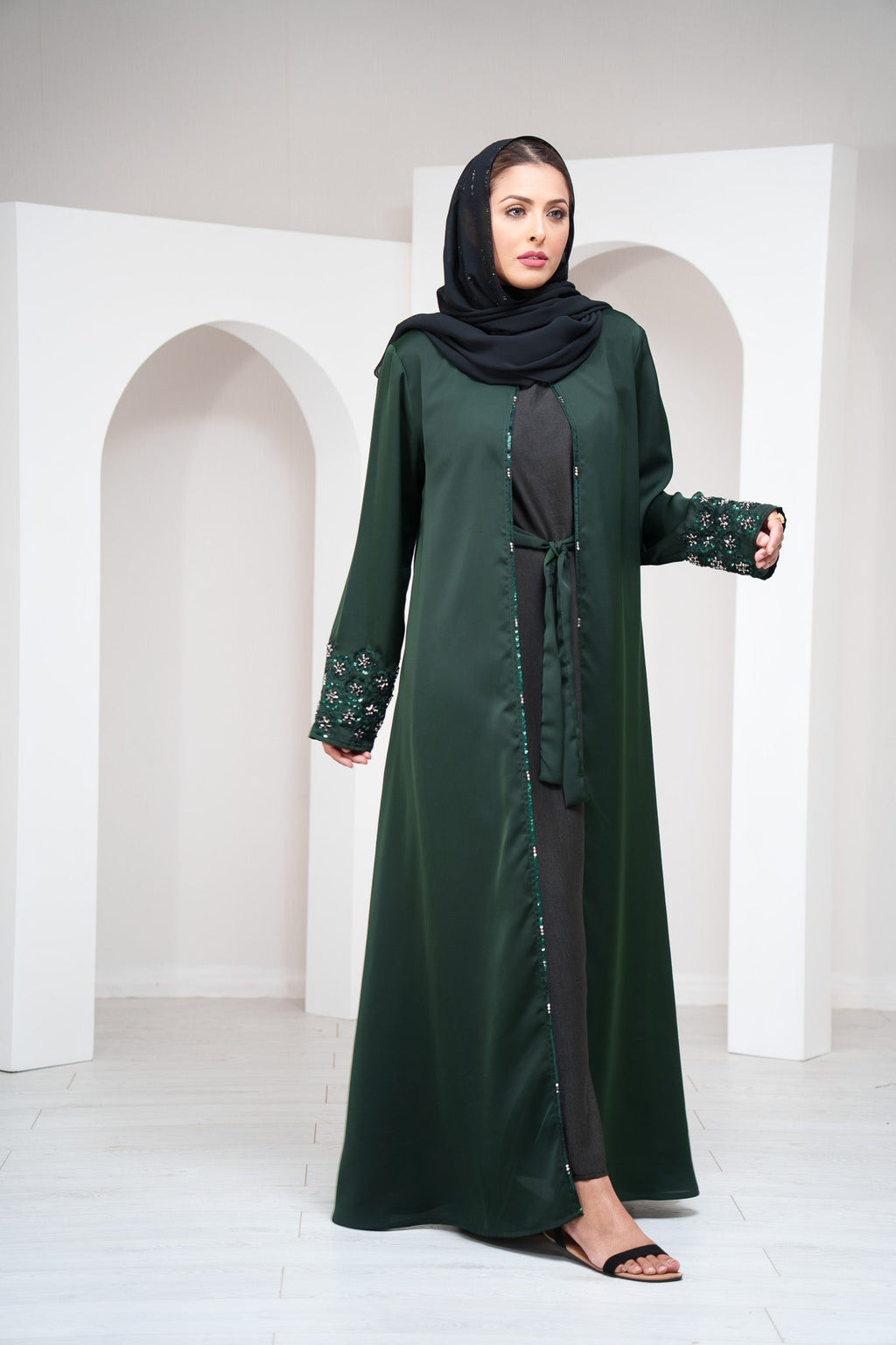 Emerald Green 2 Piece Satin Open Abaya